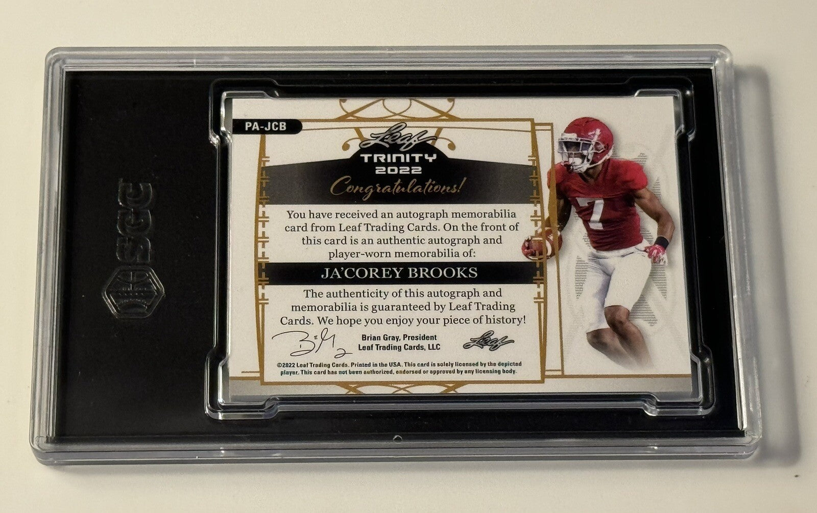 19/99 2022 Leaf Trinity Ja'Corey Brooks Silver Rookie Patch Auto Alabama SGC 9.5
