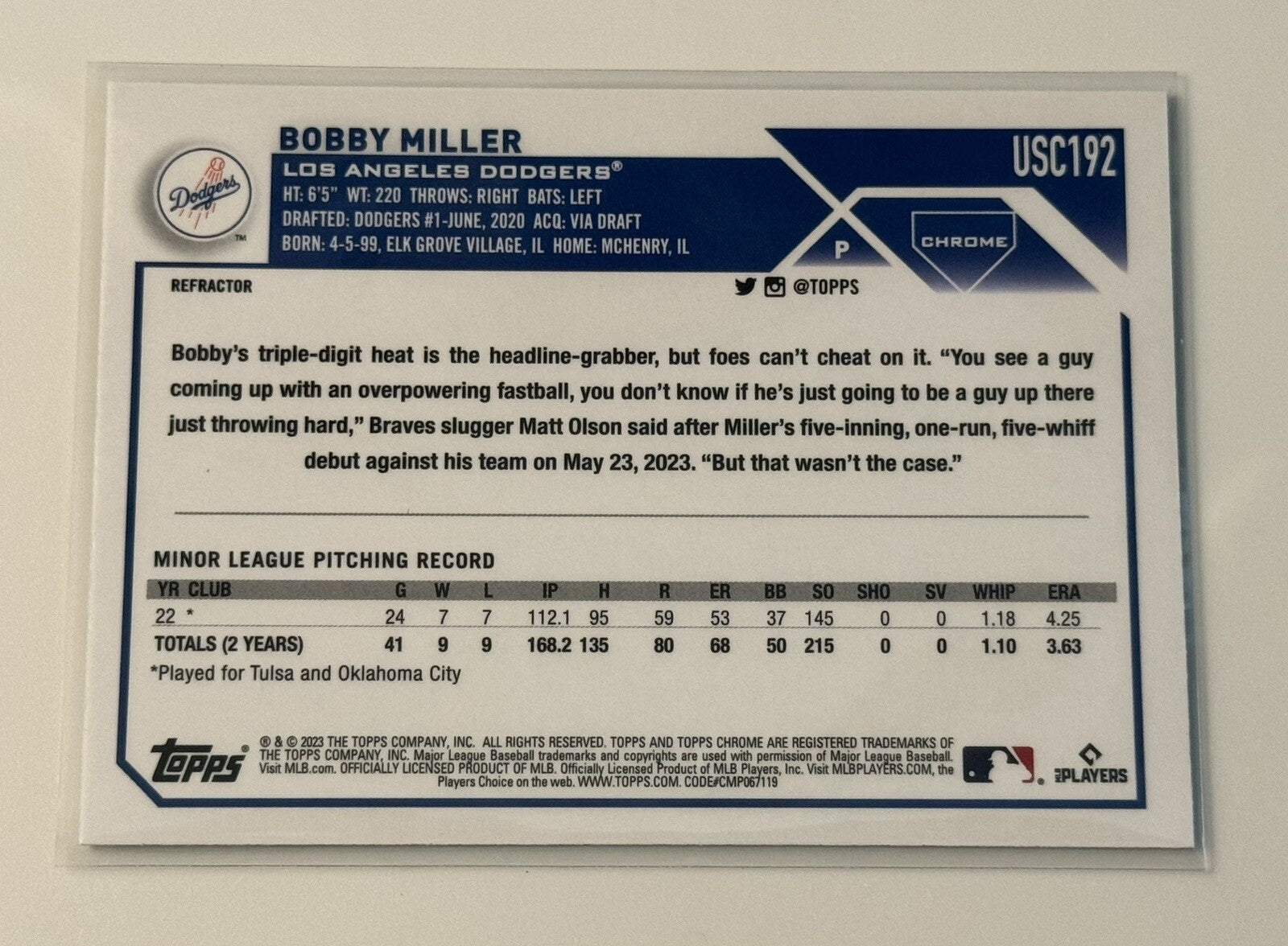 2023 Topps Chrome Update Bobby Miller RC Refractor - Los Angeles Dodgers #USC192