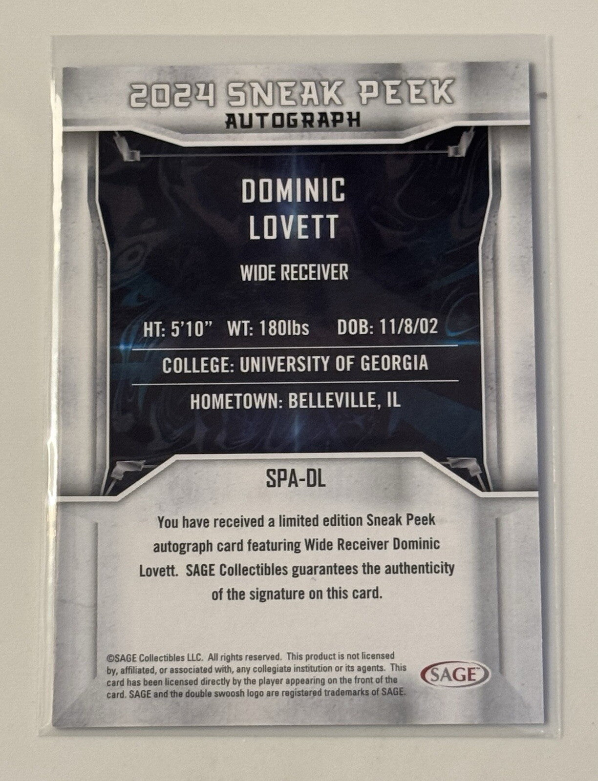 23/100 Dominic Lovett RC Autograph 2024 Sage Low Card #SPA-DL - Georgia Bulldogs