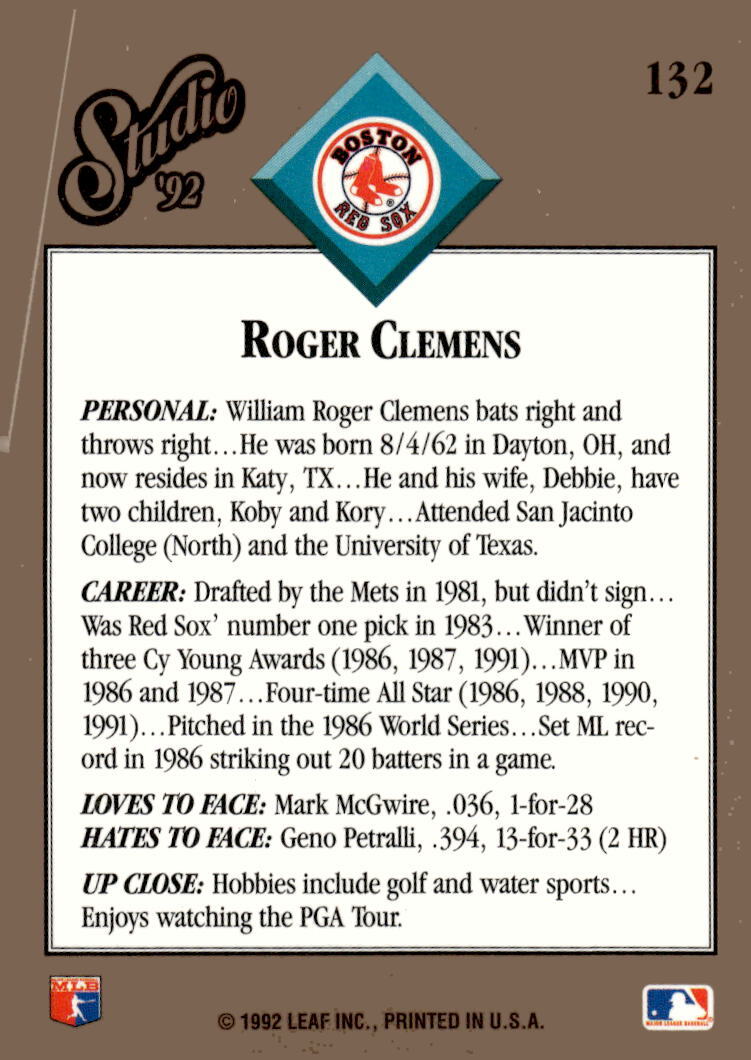 1992 Leaf Studio Roger Clemens MLB Boston Red Sox Baseball Card 132 Hall of Fame