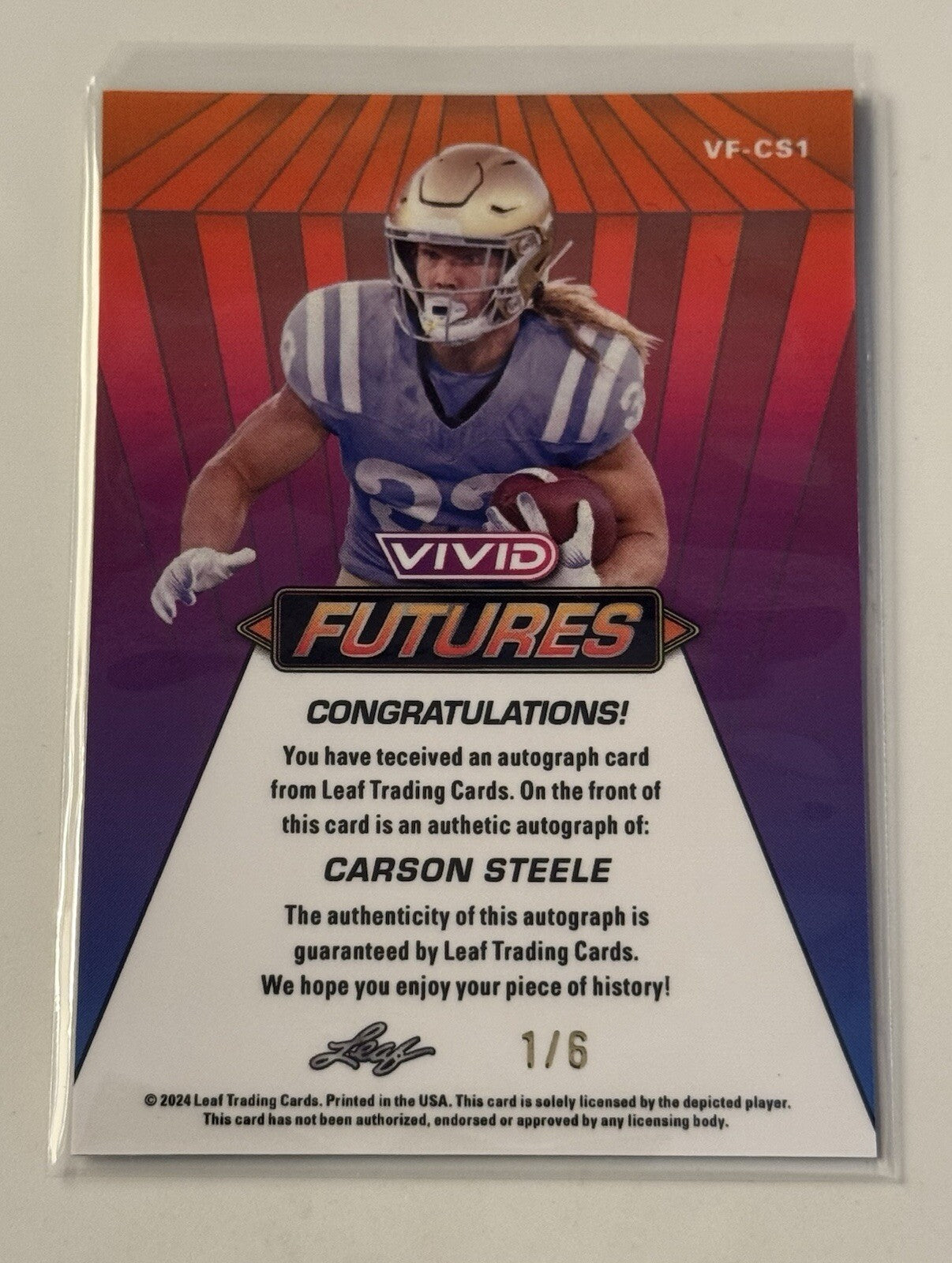 1/6 Carson STEELE AUTO 2024 Leaf Vivid Futures Card #VF-CS1 Prismatic NFL Chiefs