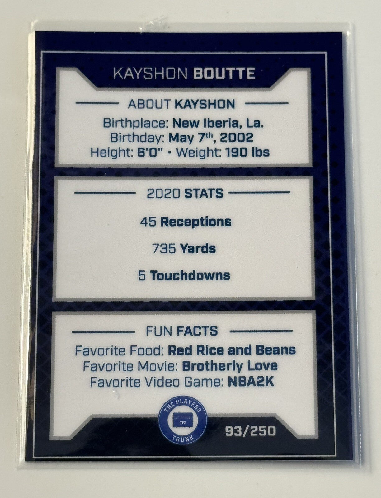Kayshon Boutte RC 93/250 Autographed Rookie Football Card - LSU Tigers/Patriots