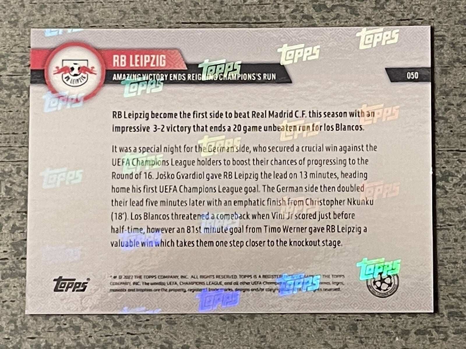 Topps Now UCL 2022 Card 050 RB Leipzig Amazing Victory Champions League collectible card with penny sleeve and top loader