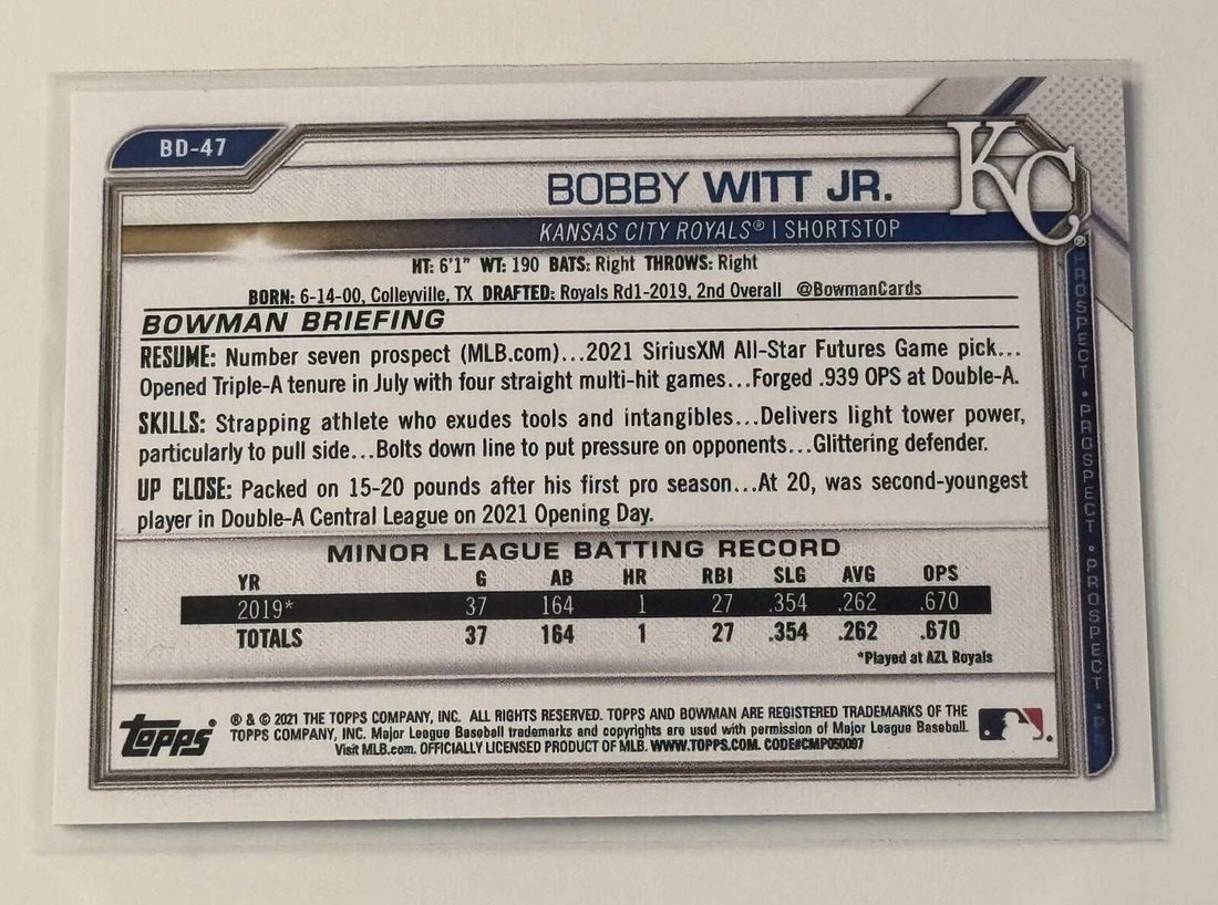 Bobby Witt JR autographed 2021 Bowman 1st Edition Draft baseball card KC Royals shortstop