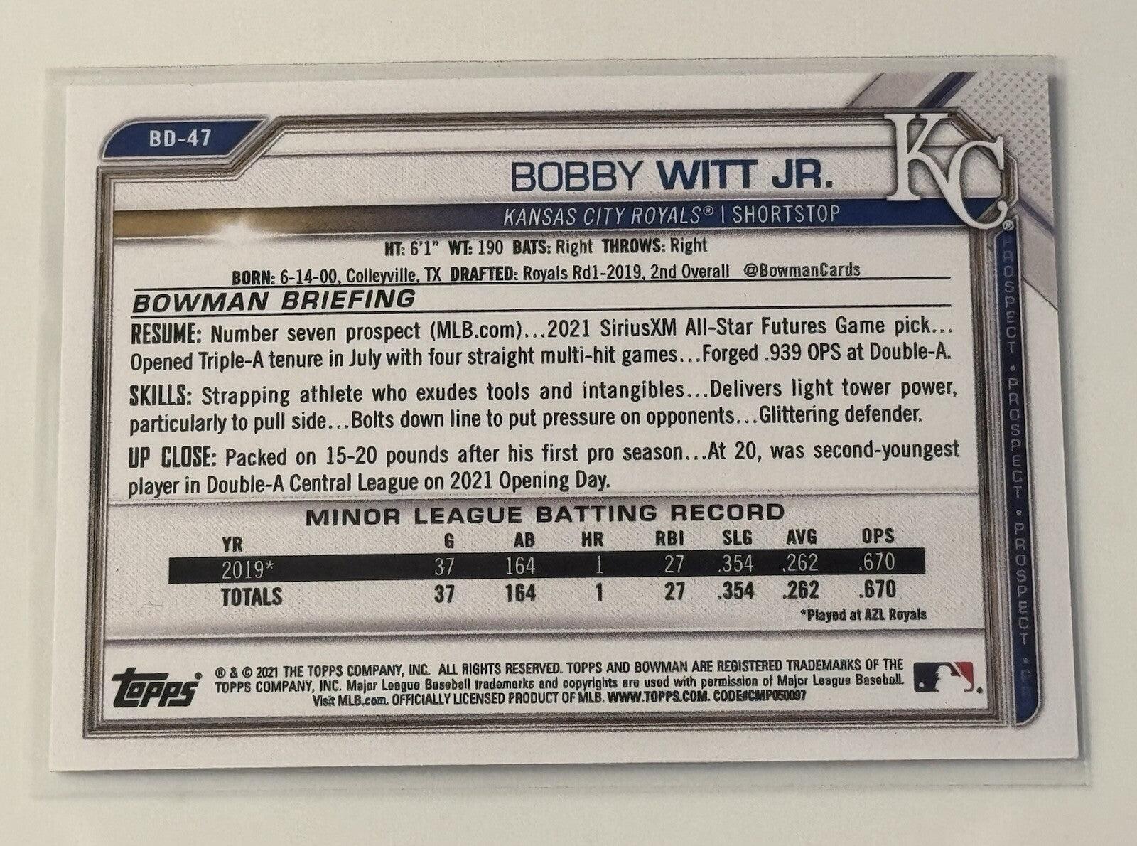 Bobby Witt JR Auto 2021 Bowman 1st Edition Draft #BD-47 - MLB Kansas City Royals