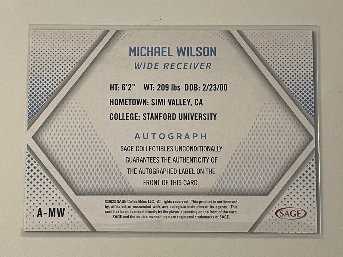 2023 SAGE High Series Michael Wilson autographed rookie trading card WR Stanford in protective sleeve