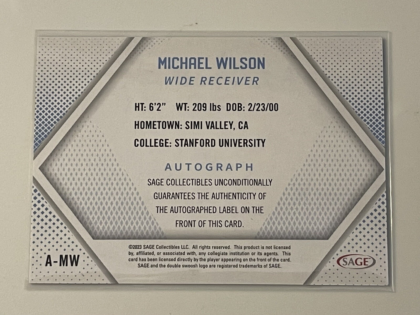 2023 SAGE High Series Auto Red Michael Wilson RC Auto Blue A-MW Stanford Rookie