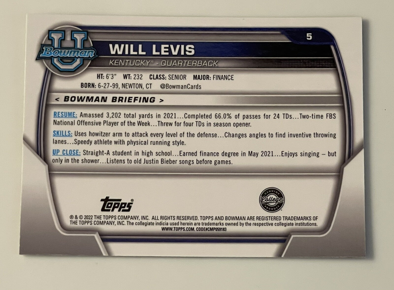 WILL LEVIS 2022 Bowman Chrome U NFL 1st ROUNDER Card #5 NCAA UK Wildcats/Titans*