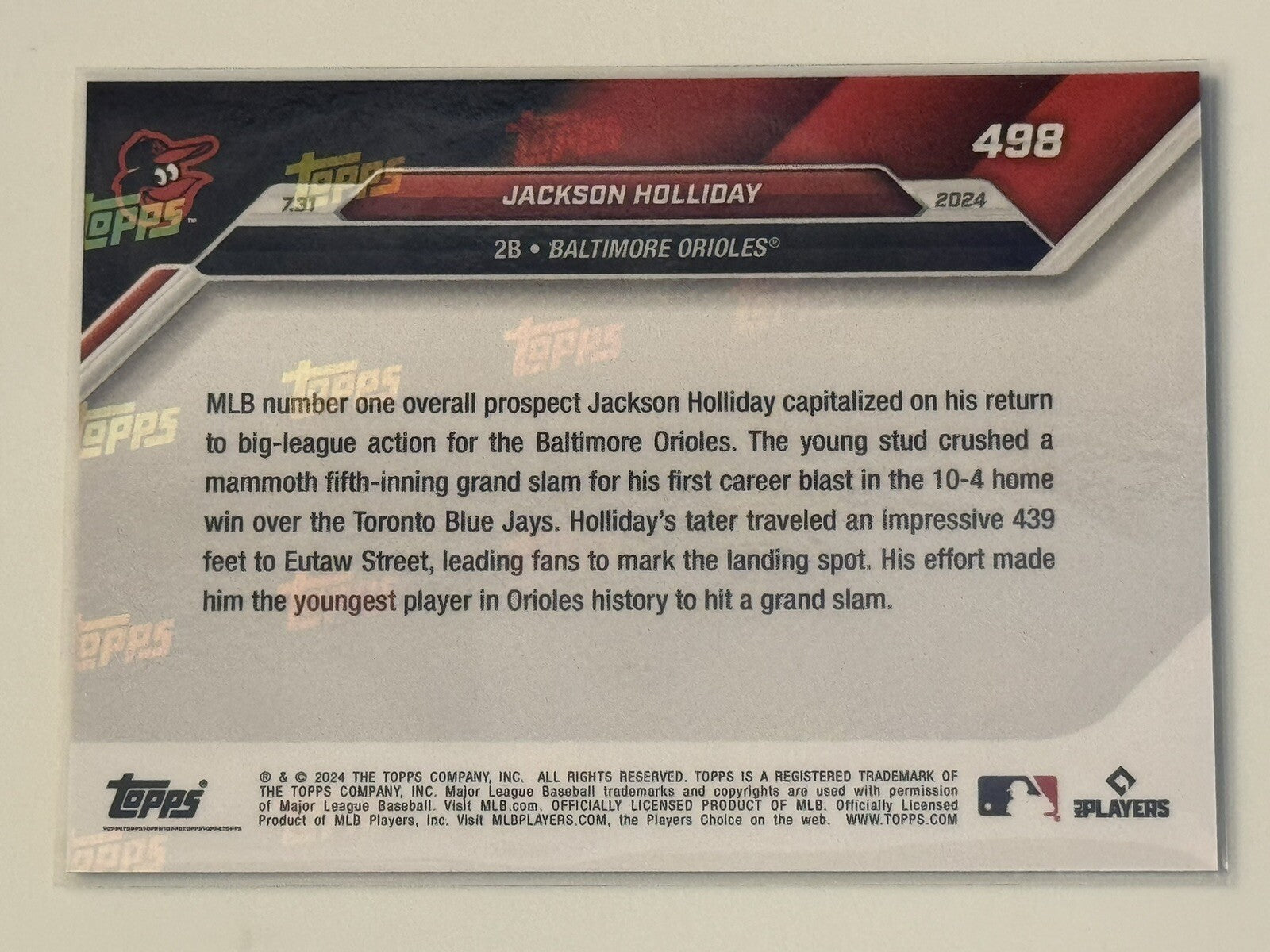 Jackson Holliday RC 2024 MLB TOPPS NOW Orioles 1st Grand Slam HR Rookie Card 489