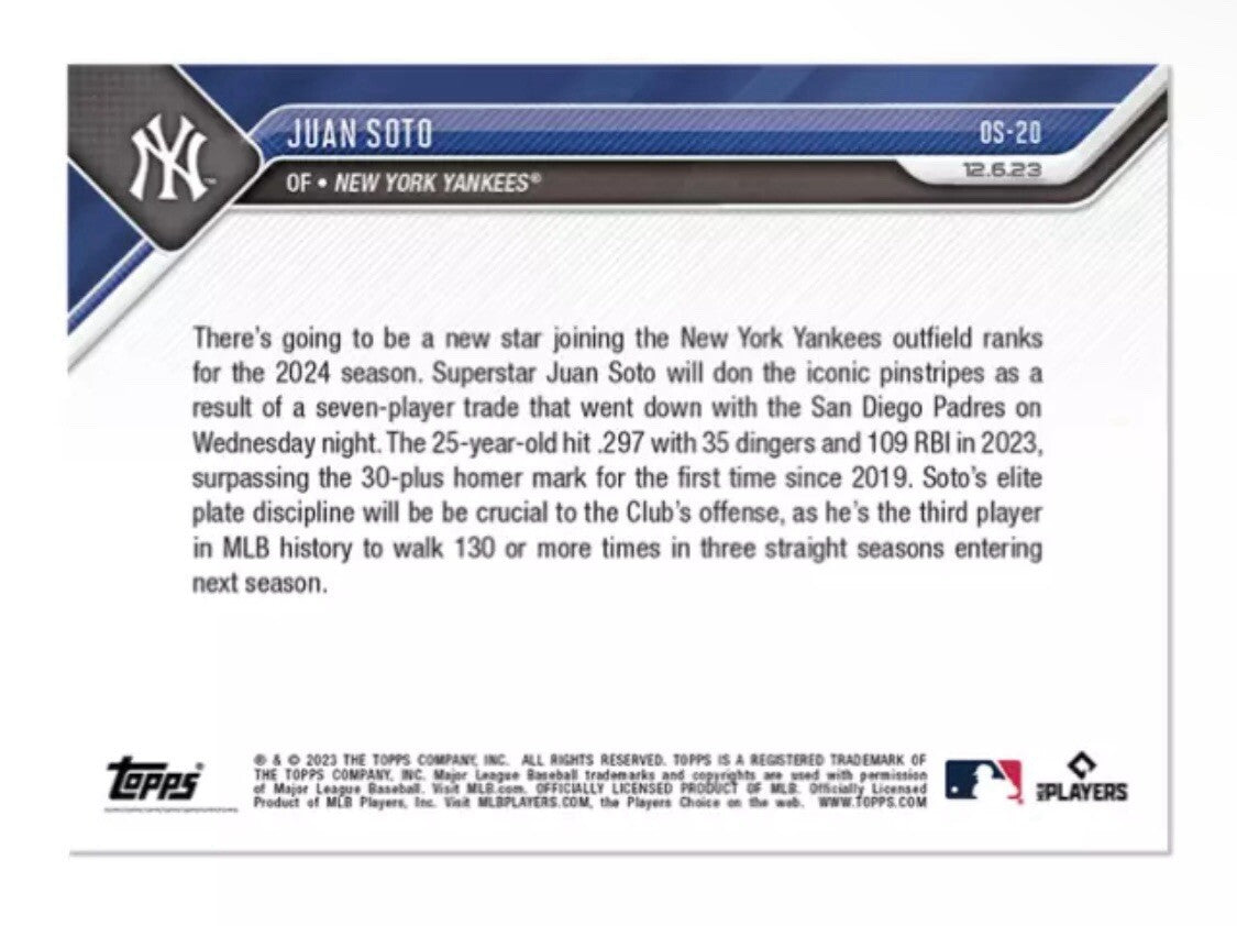 Juan Soto* 2023 TOPPS NOW SIGNS with - MLB NEW YORK YANKEES Card #OS-20 HISTORIC