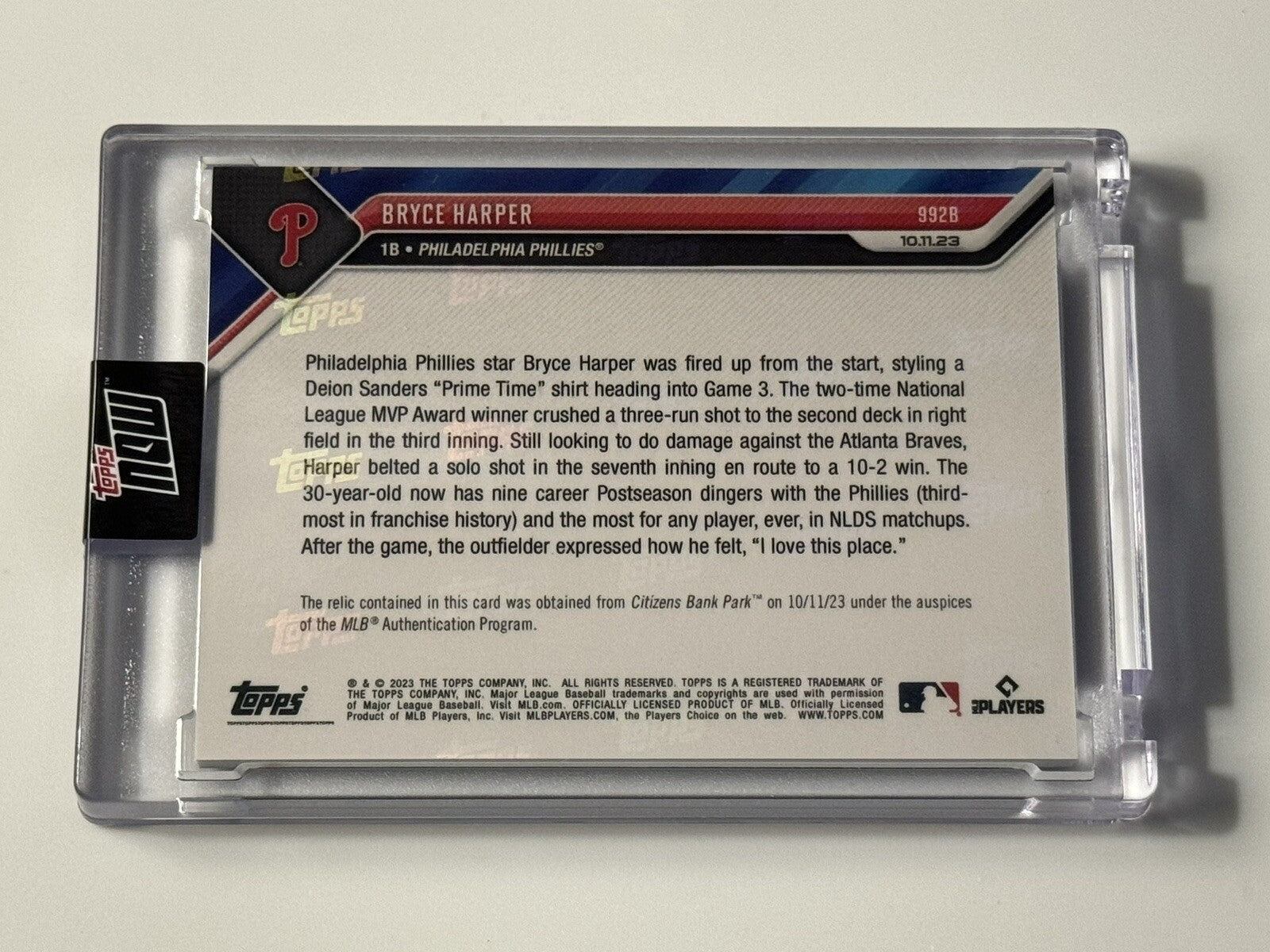 Bryce Harper 40/75 - Game-Used Base Relic - 2023 MLB TOPPS NOW - #992 - IN HAND!