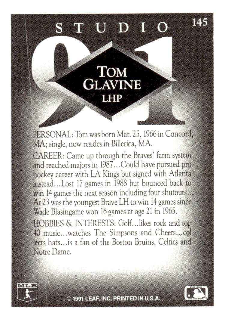 1991 Studio 145 Tom Glavine baseball card Atlanta Braves black and white portrait