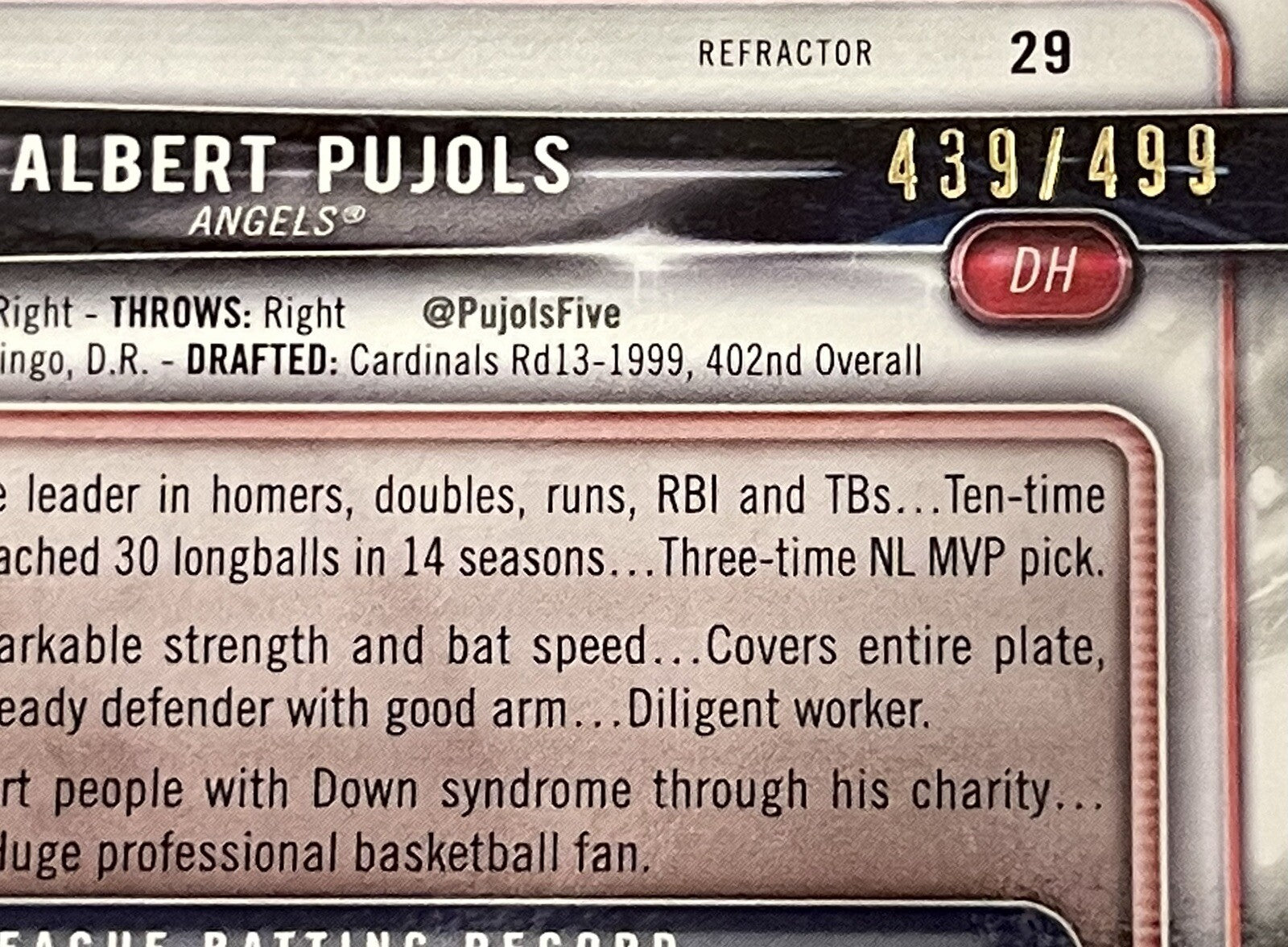 2018 Bowman Chrome Refractor #29 Albert Pujols 439/499 LAAngels/Cardinals 700 HR