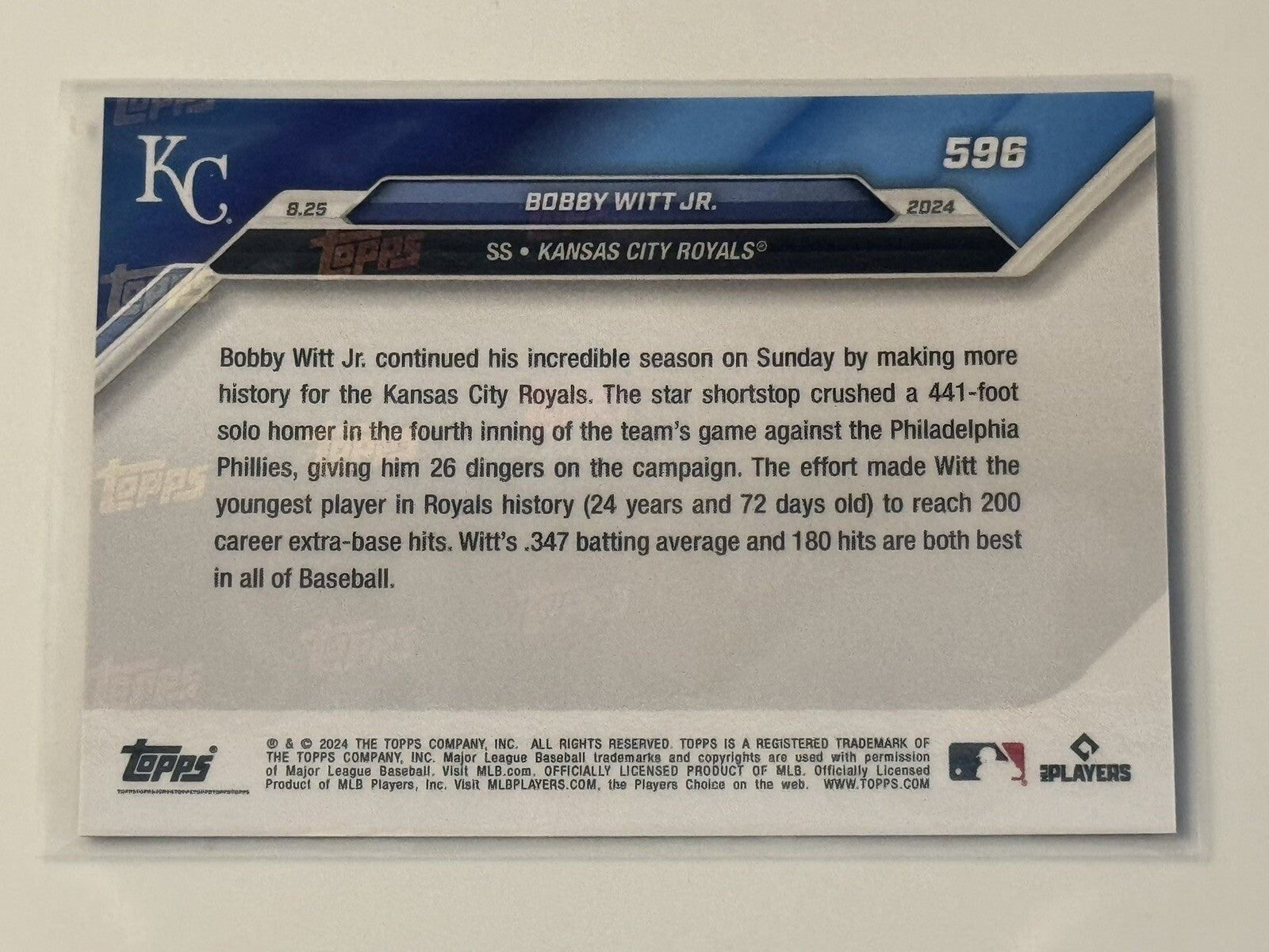 15/25* Bobby Witt Jr. Blue Parallel 2024 Topps Now MLB Royals 200 XBHs Card #596