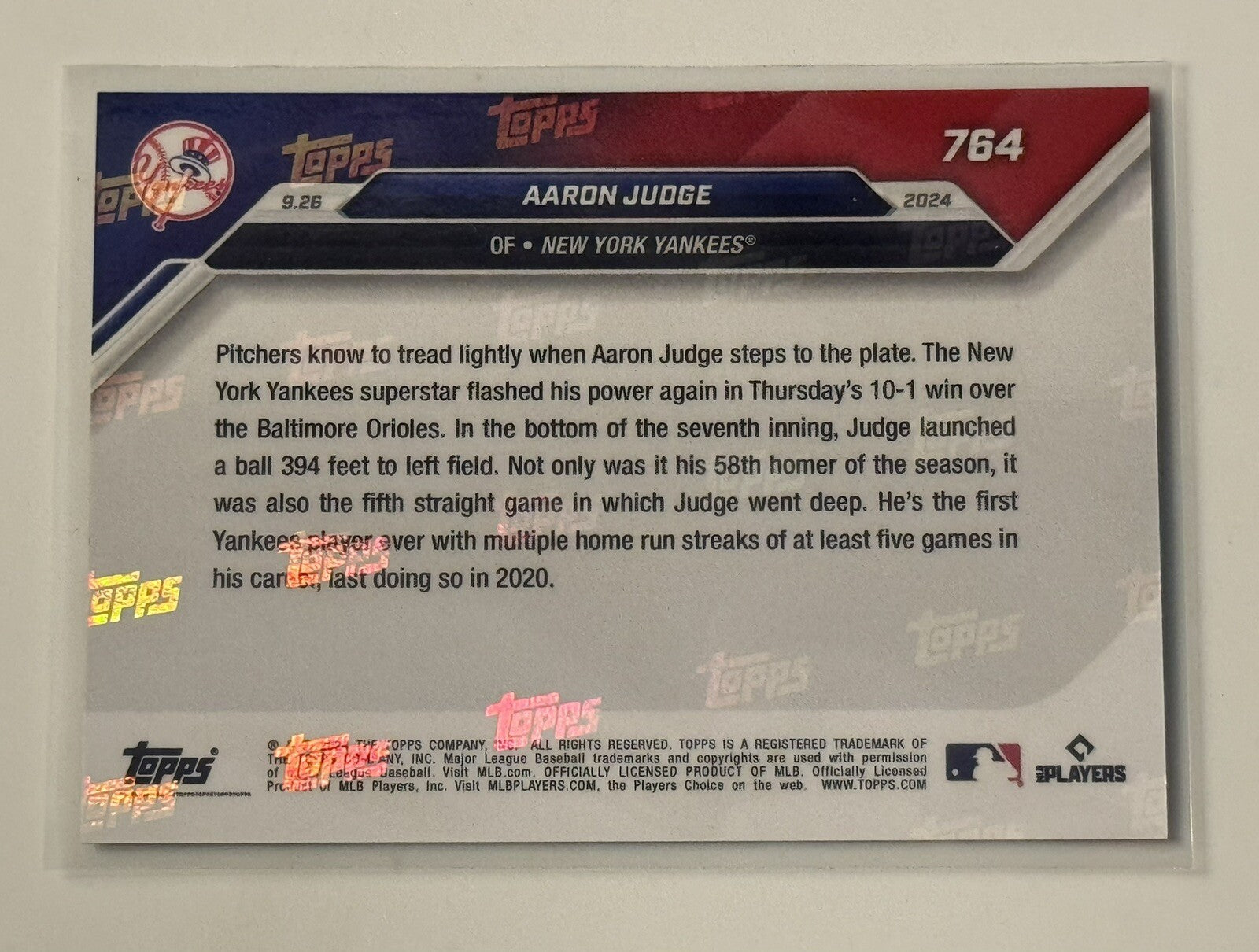 5/10 All RISE! Aaron Judge 58th Home Run 2024 MLB Topps NOW Card NY Yankees #764