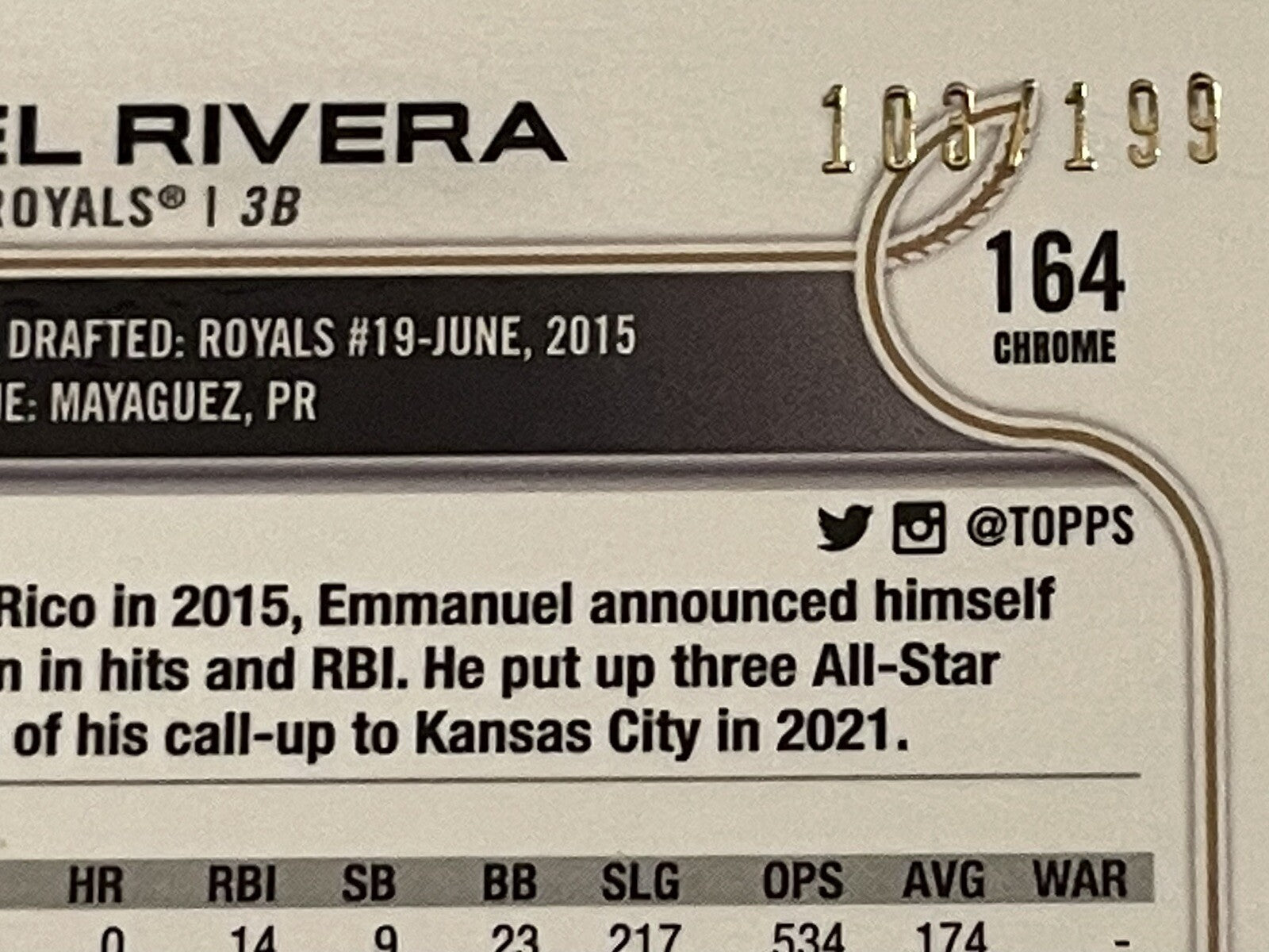 2022 TOPPS CHROME EMANUEL RIVERA 103/149 WAVE REFRACTOR KANSAS CITY ROYALS #164