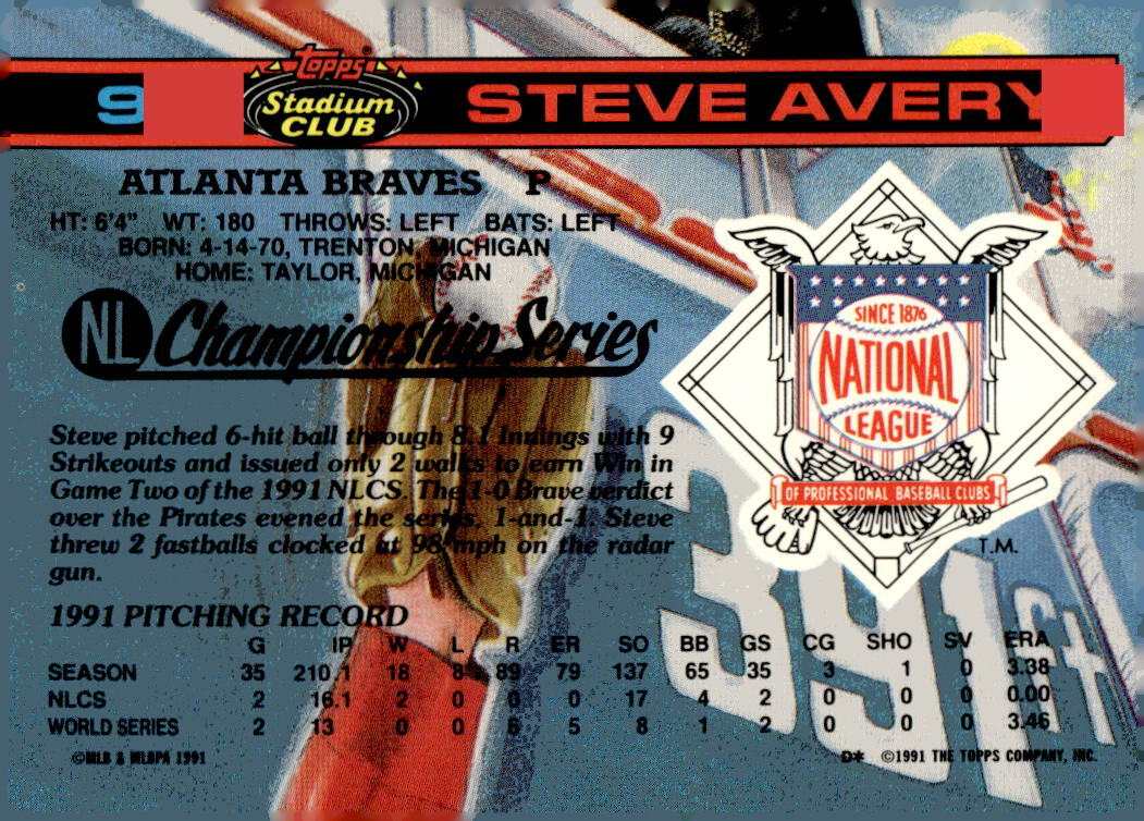 1992 Stadium Club Dome Steve Avery Atlanta Braves baseball card pitching action