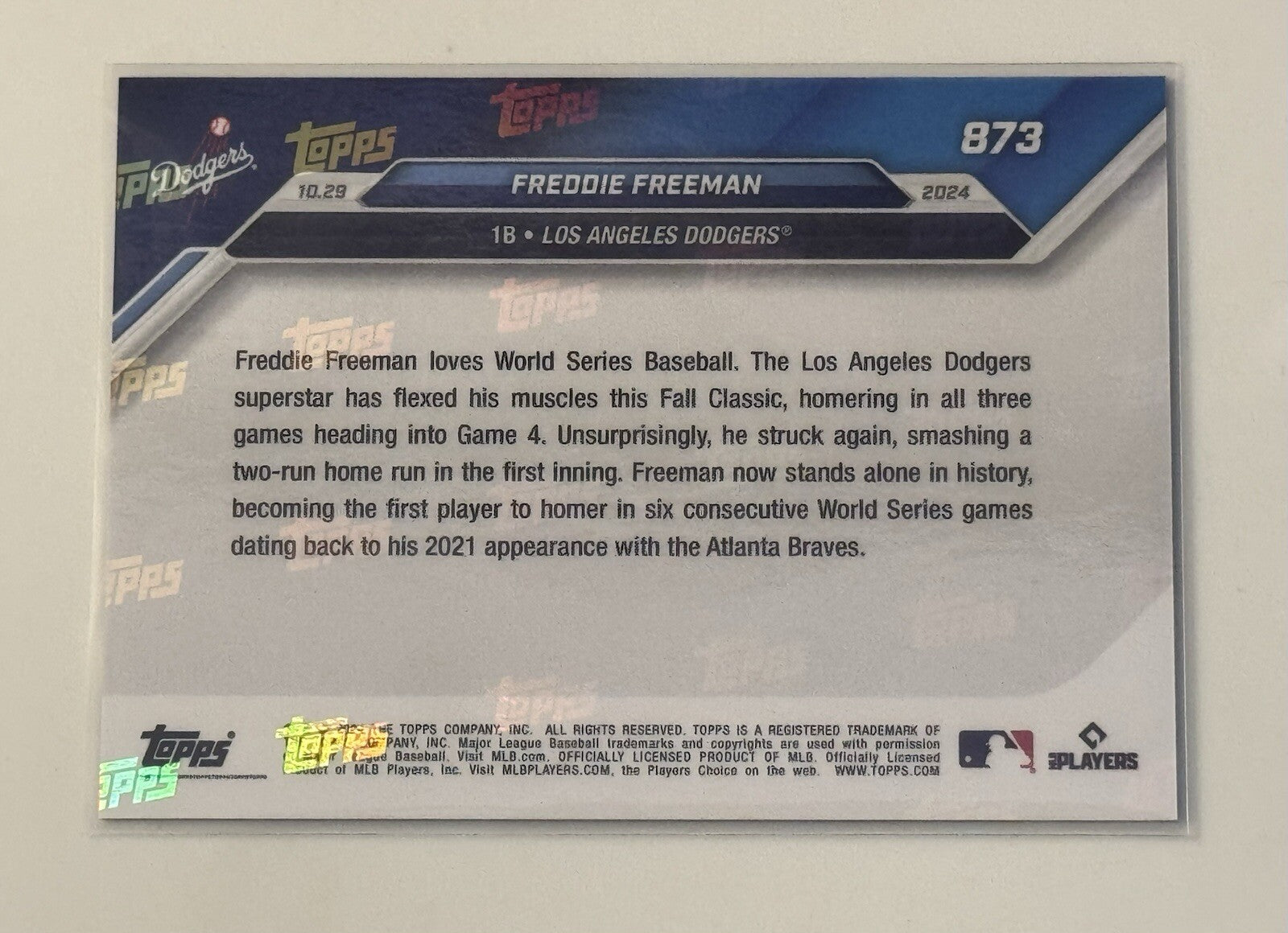 12/25! MLB RECORD Freddie Freeman 2024 MLB Topps NOW 6th Straight Game W/HR #873
