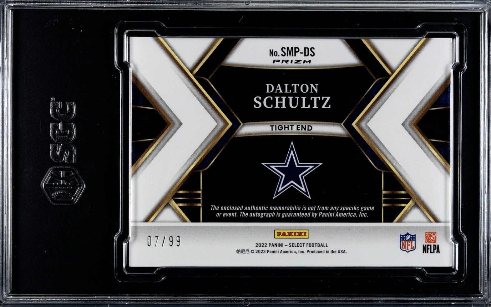 2022 Panini Select Football Dalton Schultz 7/99 Sig. Mat. #SMP-DS Cowboys SGC 9*