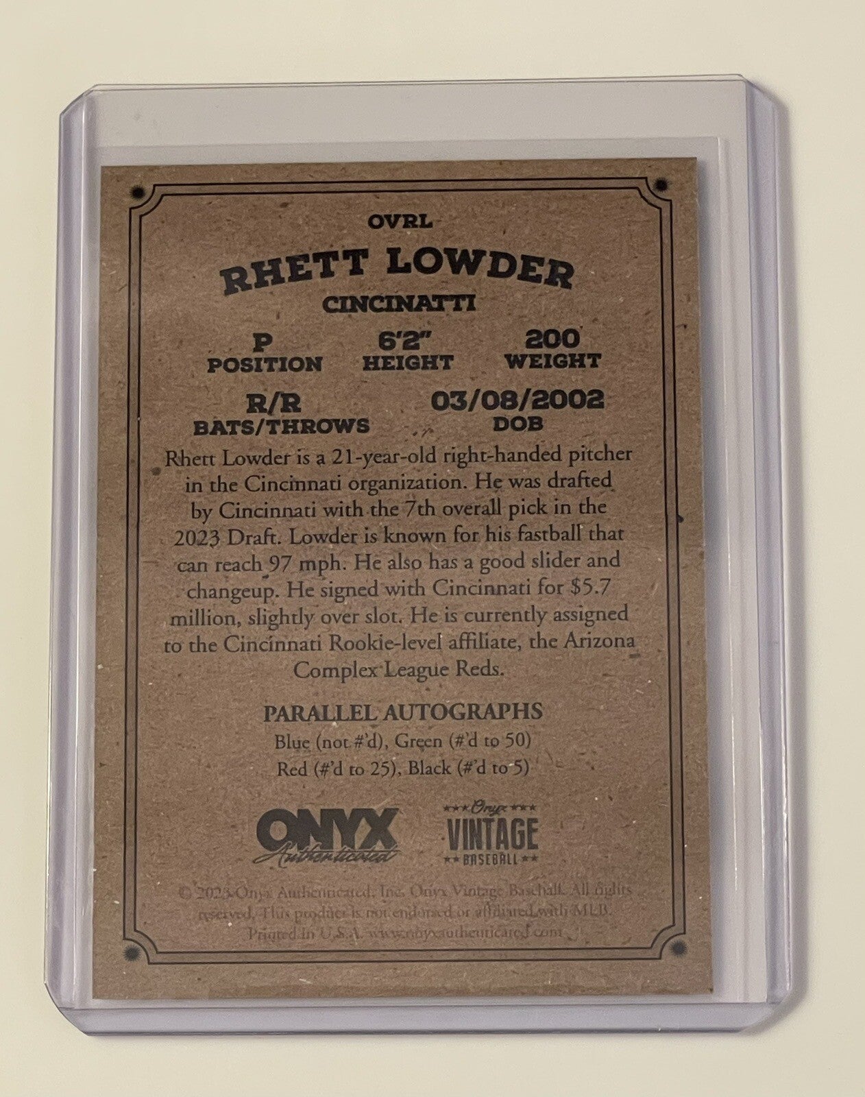 Rhett Lowder RC Blue Ink 2023 Onyx Authenticated Card #OARL MLB Cincinnati Reds