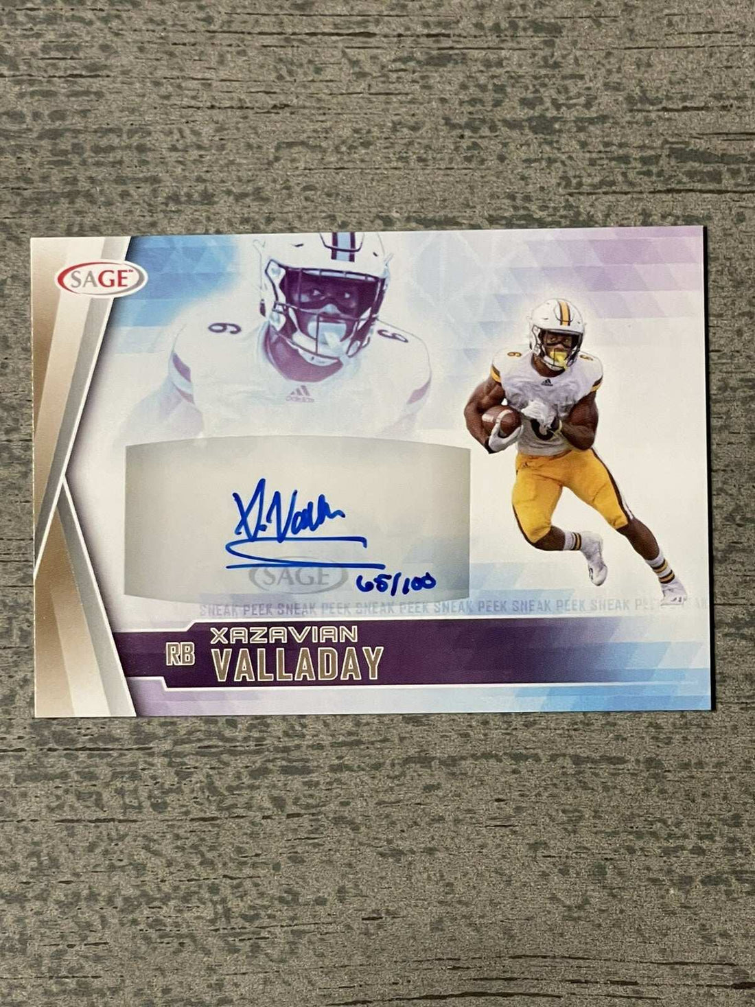 2022 Sage High Series Xazavian Valladay autographed rookie card numbered 68/100 with gold design