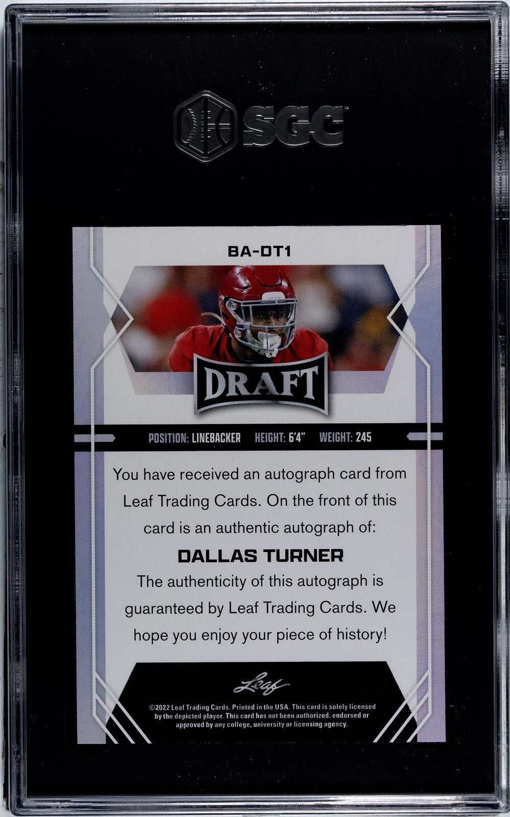 Dallas Turner RC autograph 2022 Leaf Draft Alabama Crimson Tide graded 9.5 sports card
