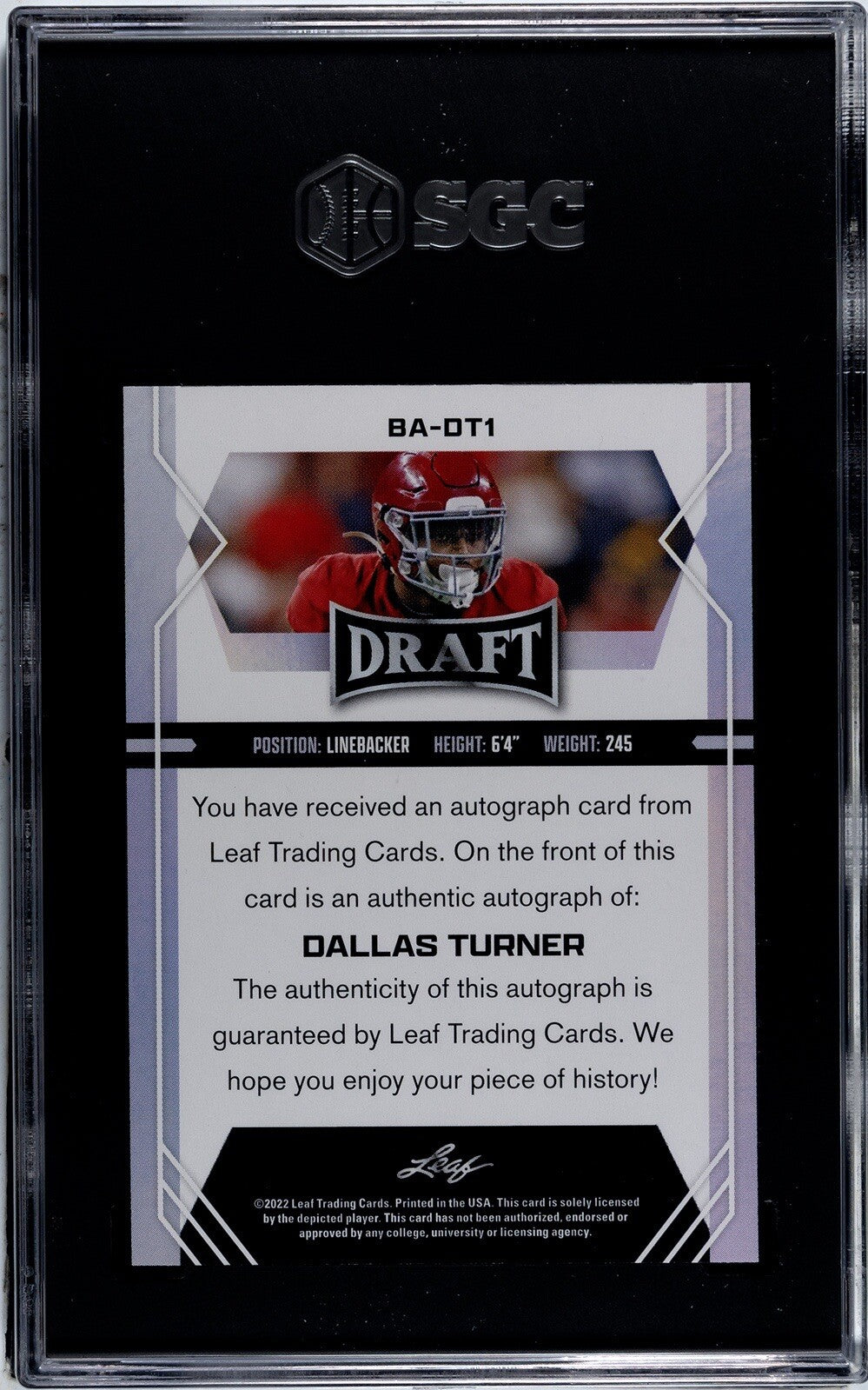Dallas Turner RC* Autograph Alabama Crimson Tide 2022 Leaf Draft RC Card SGC 9.5