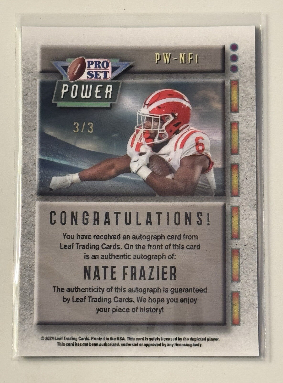 3/3* Nate Frazier RC* Auto 2024 Leaf Pro Set Football NCAA UGA Dogs Card #PW-NF1
