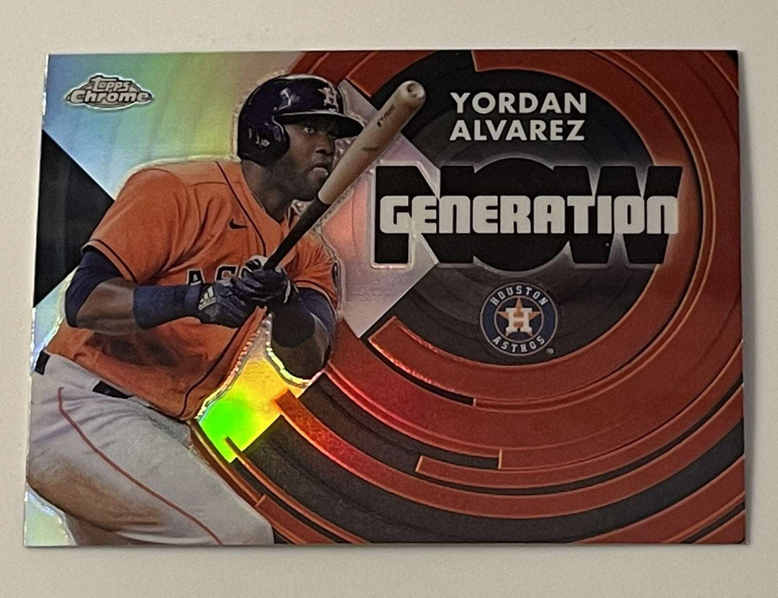 2022 Topps Chrome Update Yordan Alvarez Generation Now baseball card featuring Houston Astros player in orange jersey