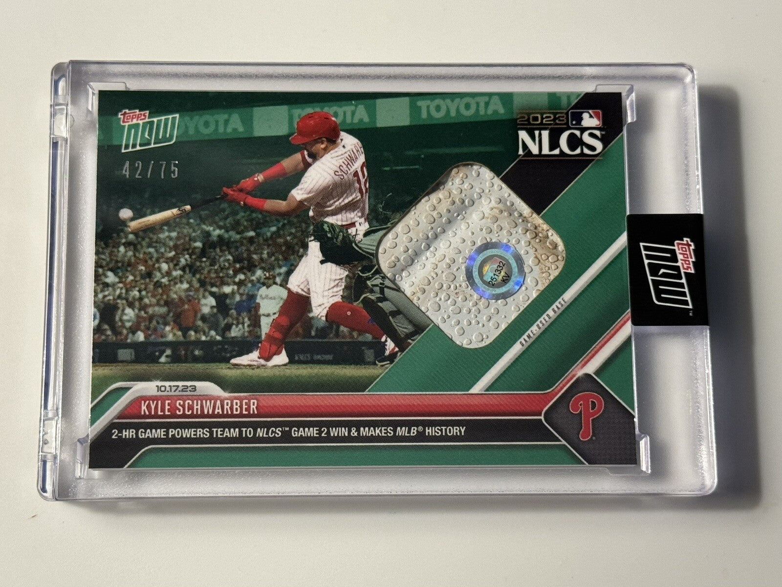 2023 Topps Now Kyle Schwarber Game-used Base Relic baseball card #1012B in protective case