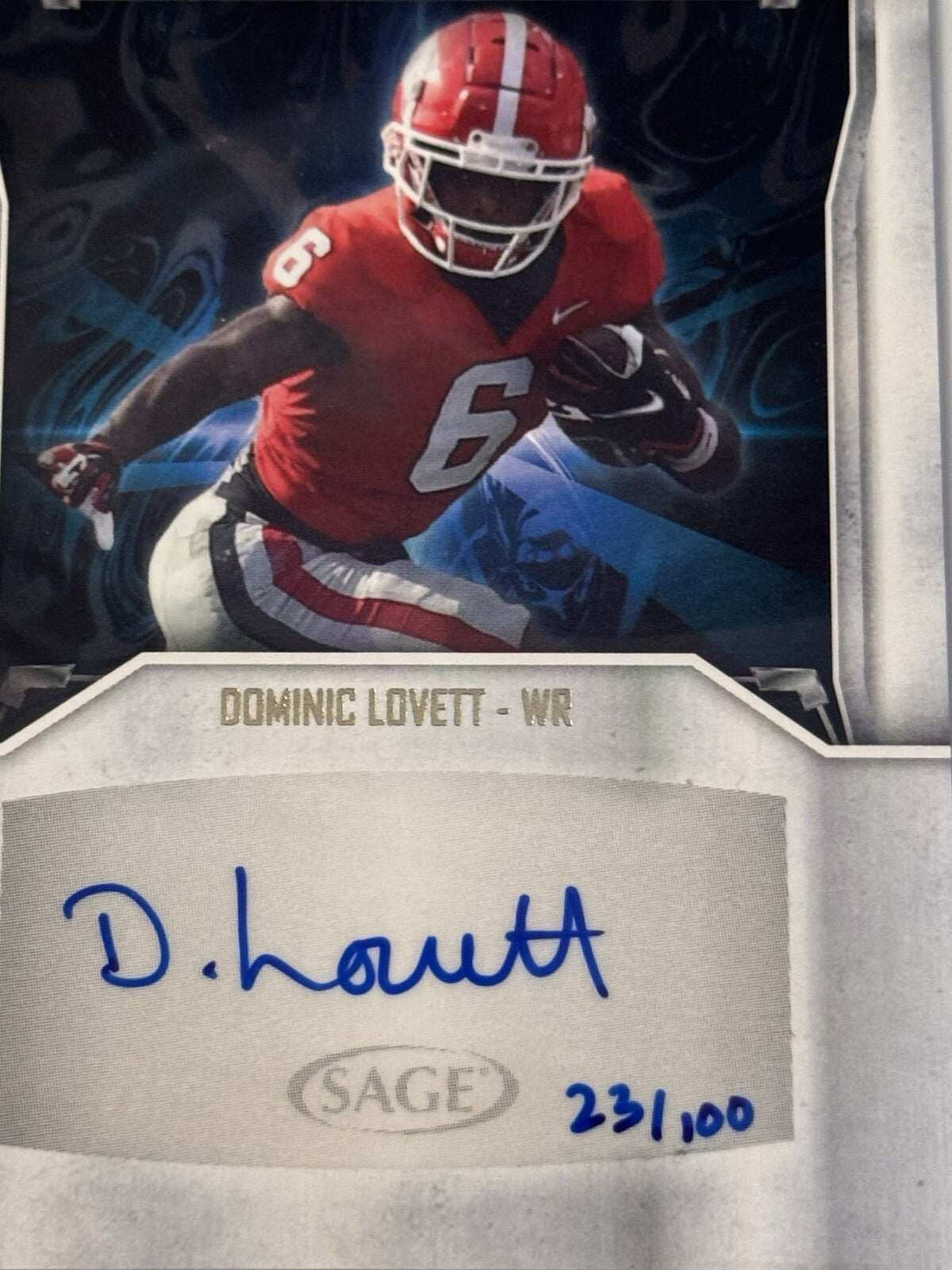 Dominic Lovett autographed 2024 Sage Low rookie card #SPA-DL numbered 23/100 with Georgia Bulldogs image