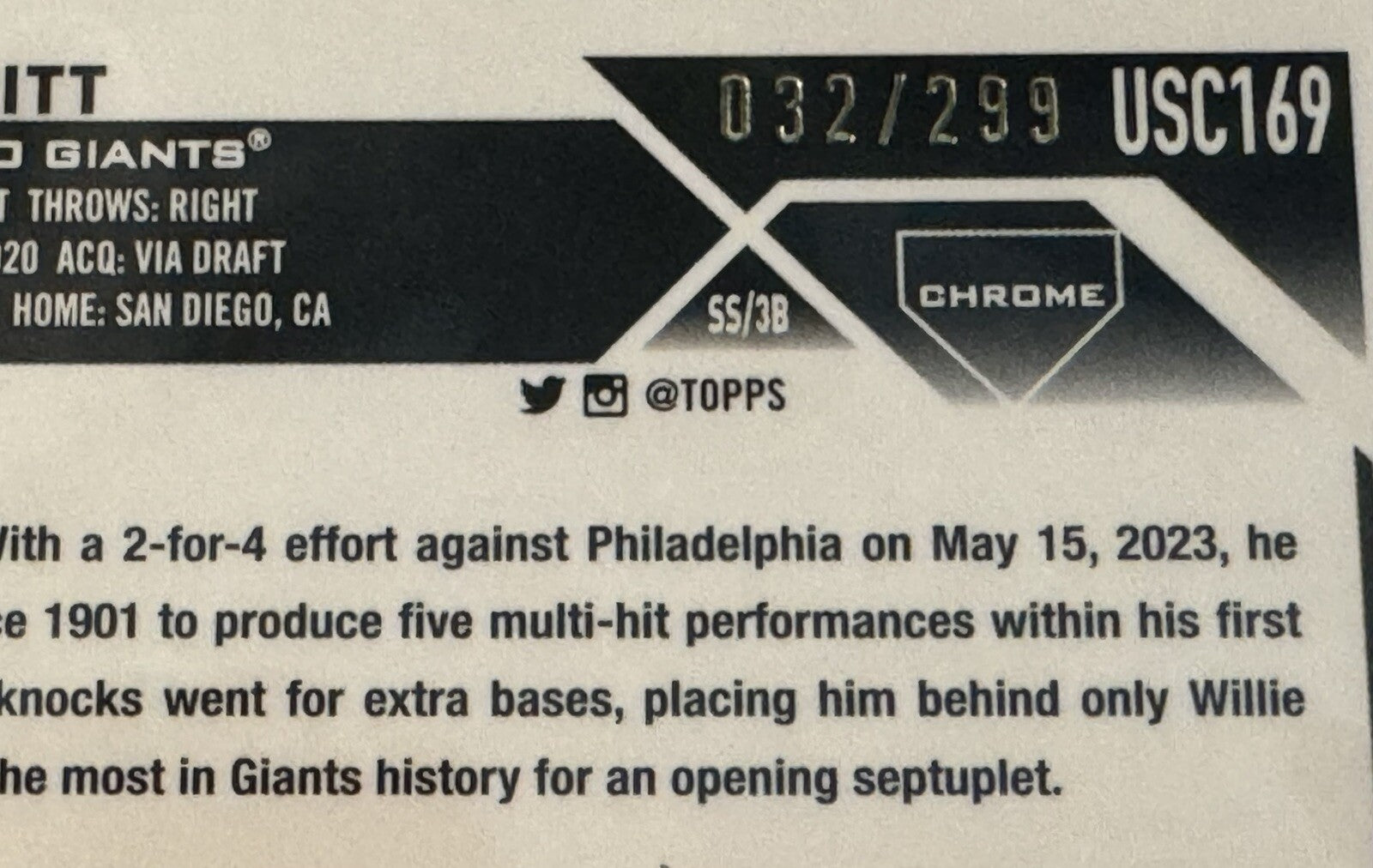 2023 Topps Chrome Update Casey Schmitt RC Blue Lava Sp 32/299 Rookie Card USC169