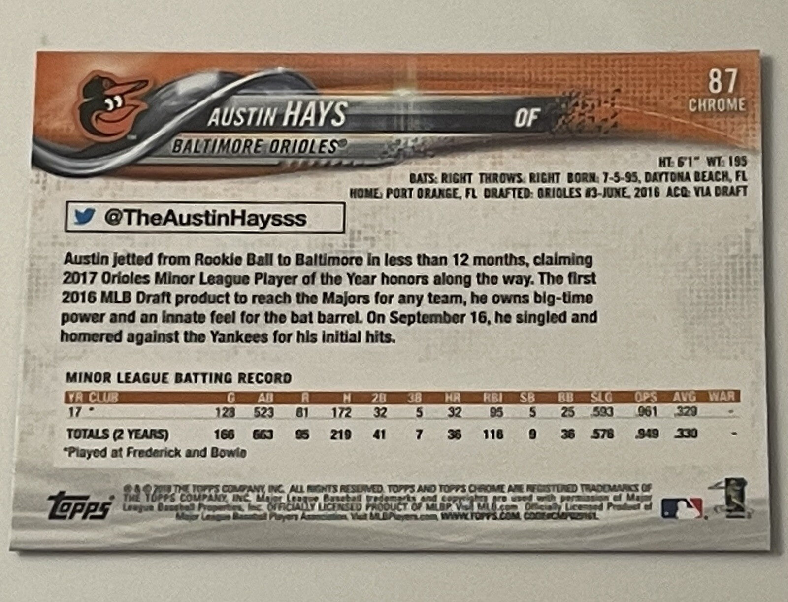 2018 Topps Chrome Austin Hays RC #87 Baltimore Orioles Baseball JUST PULLED!