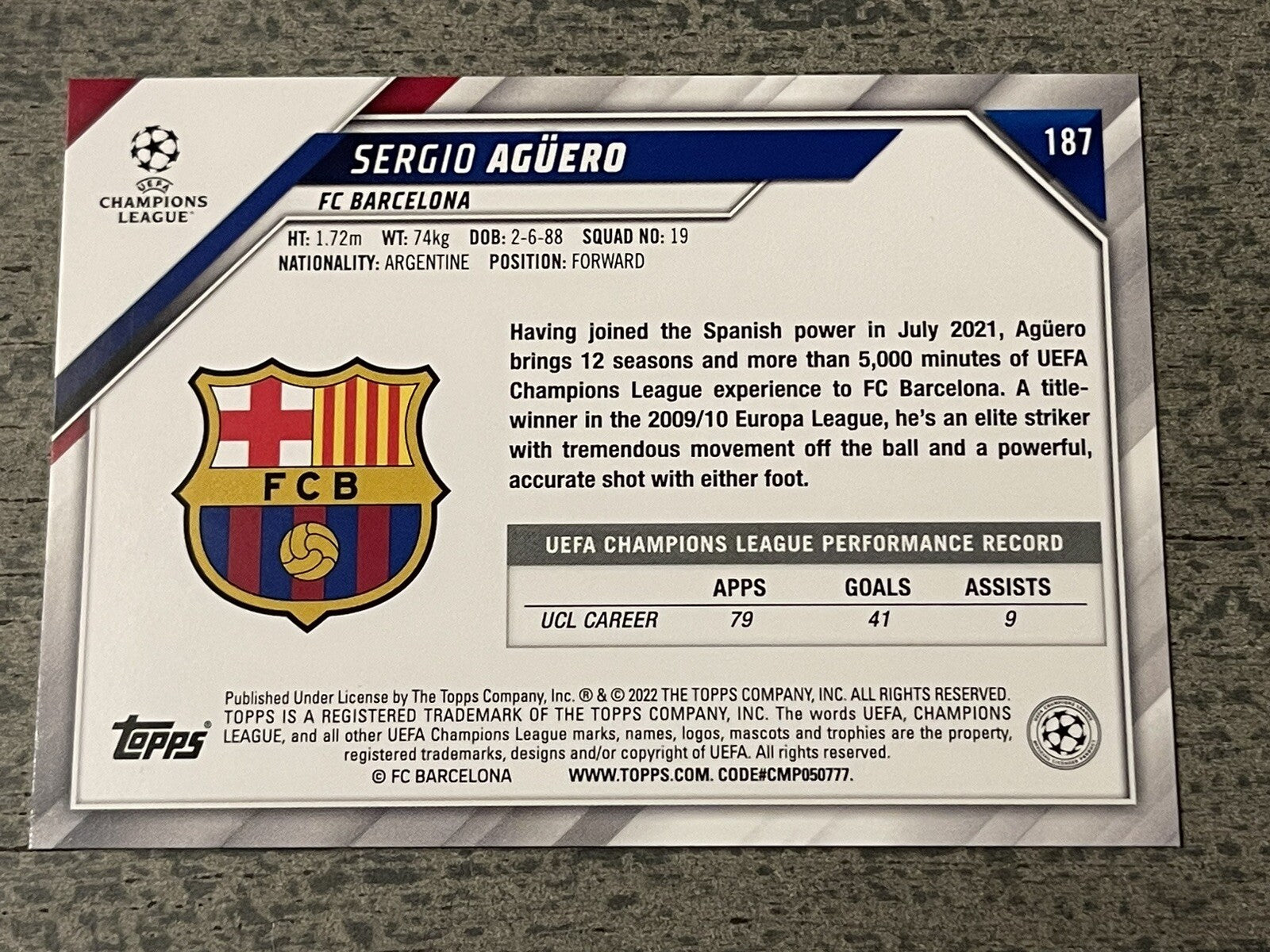 Sergio Aguero 2021-22 Topps Chrome UEFA Champions League Soccer UCL 39 Barcelona