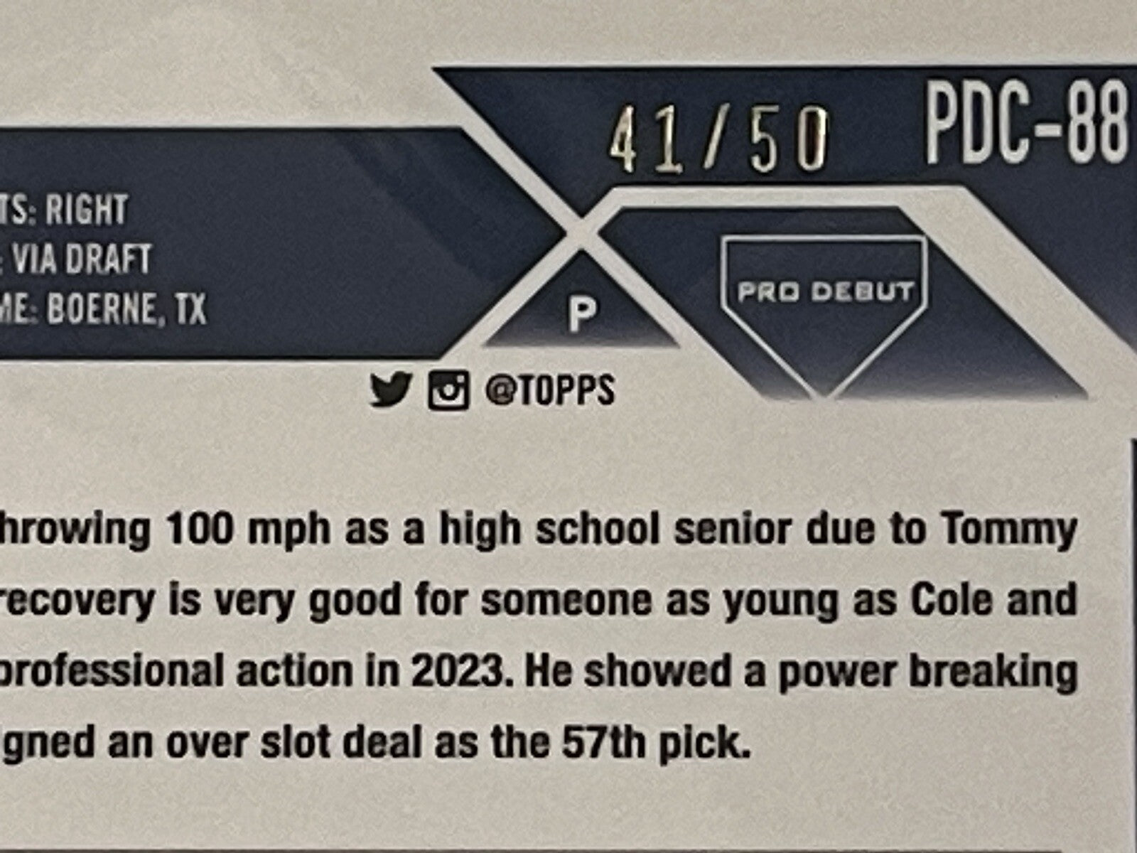 2023 Topps Pro Debut Chrome 41/50 Cole Phillips Refractor Card PDC-88 FCL Braves