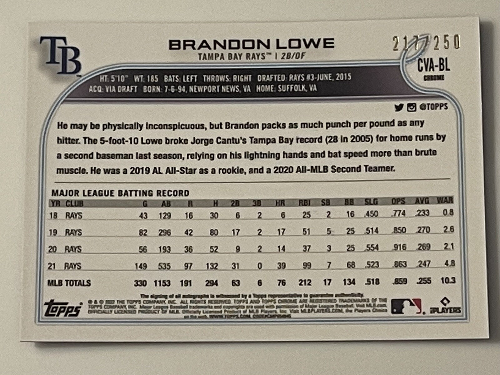 2022 Topps Chrome BRANDON LOWE AUTO PURPLE REFRACTOR 217/250 #CVA-BL TB RAYS
