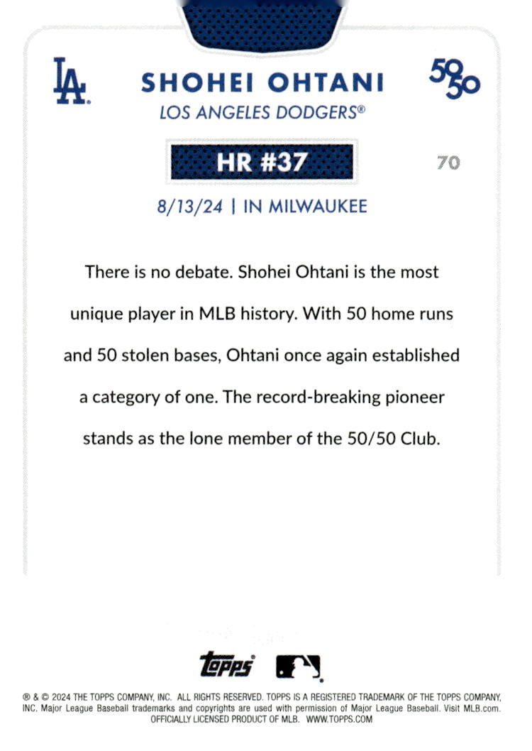 50/50 LIMITED EDITION! Shohei Ohtani MLB LA Dodgers 2024 TOPPS NOW Season #HR 37