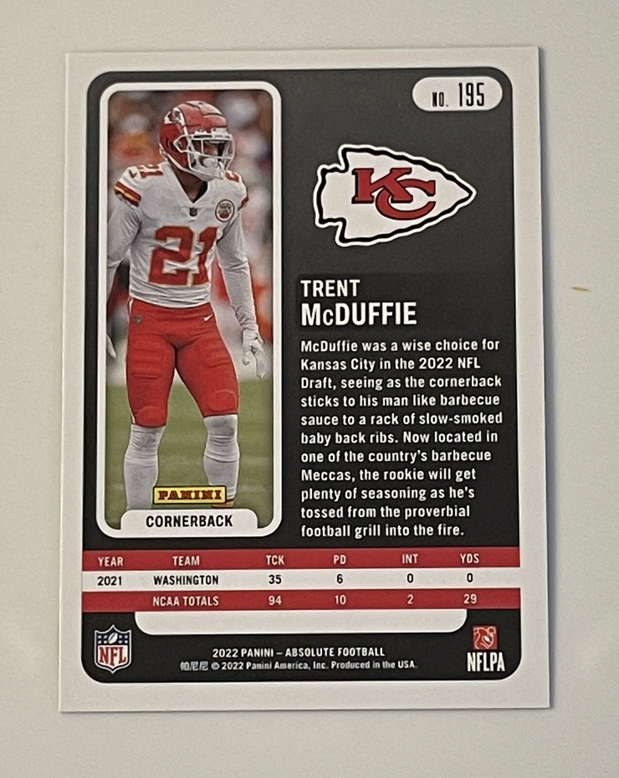 Trent McDuffie 2022 Panini Absolute Football #195 Kansas City Chiefs NFL Card