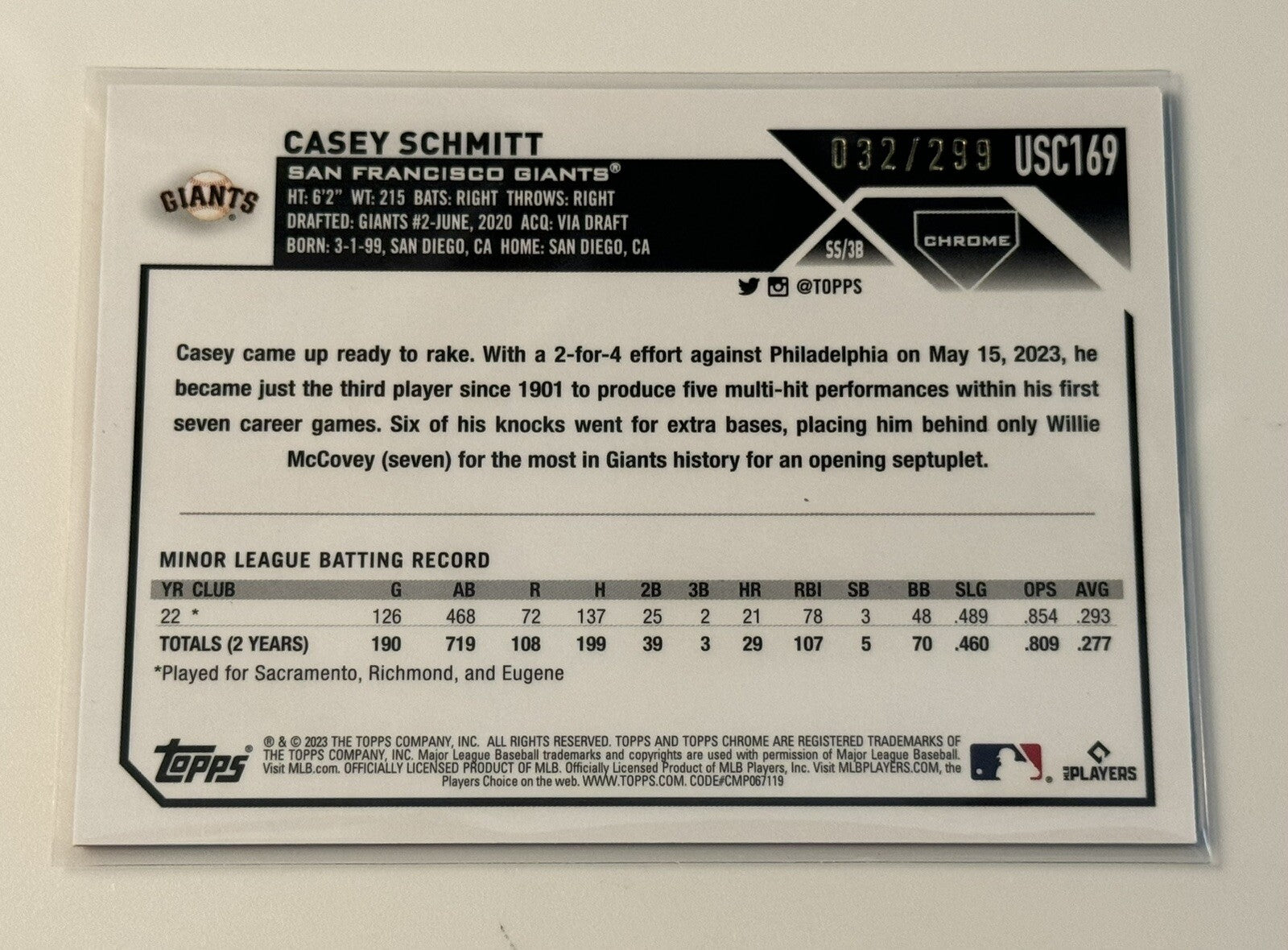 2023 Topps Chrome Update Casey Schmitt RC Blue Lava Sp 32/299 Rookie Card USC169