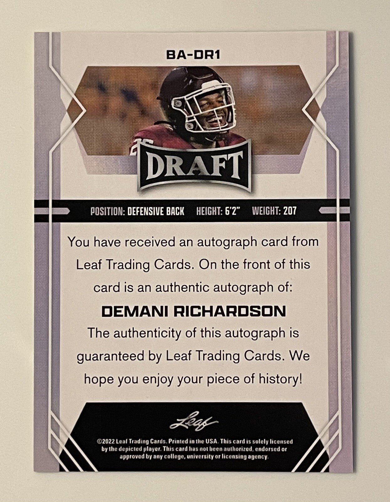 Denani Richardson RC Auto 2022 Leaf Draft Rookie #BA-DR1 - NCAA Texas A&M Aggies