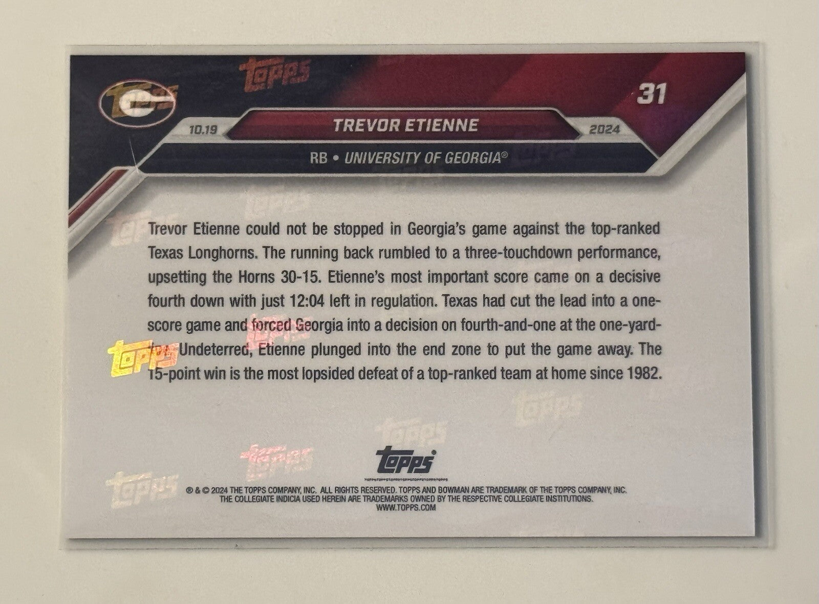 11/25* Trevor Etienne* 3 TDs Georgia Dogs - 2024 Bowman U Now Football 31 READY!