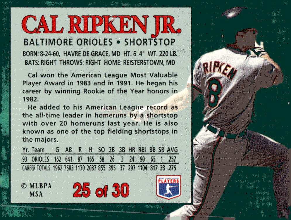 1994 Post Cereal Cal Ripken Jr. baseball card Baltimore Orioles fielding pose