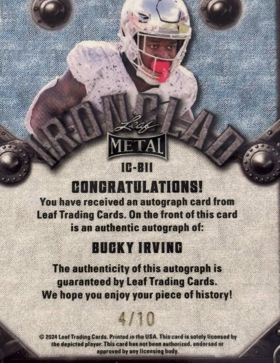 2024 Leaf Metal IRONCLAD Bucky Irving autographed Oregon Ducks football card 4/10 serial numbered