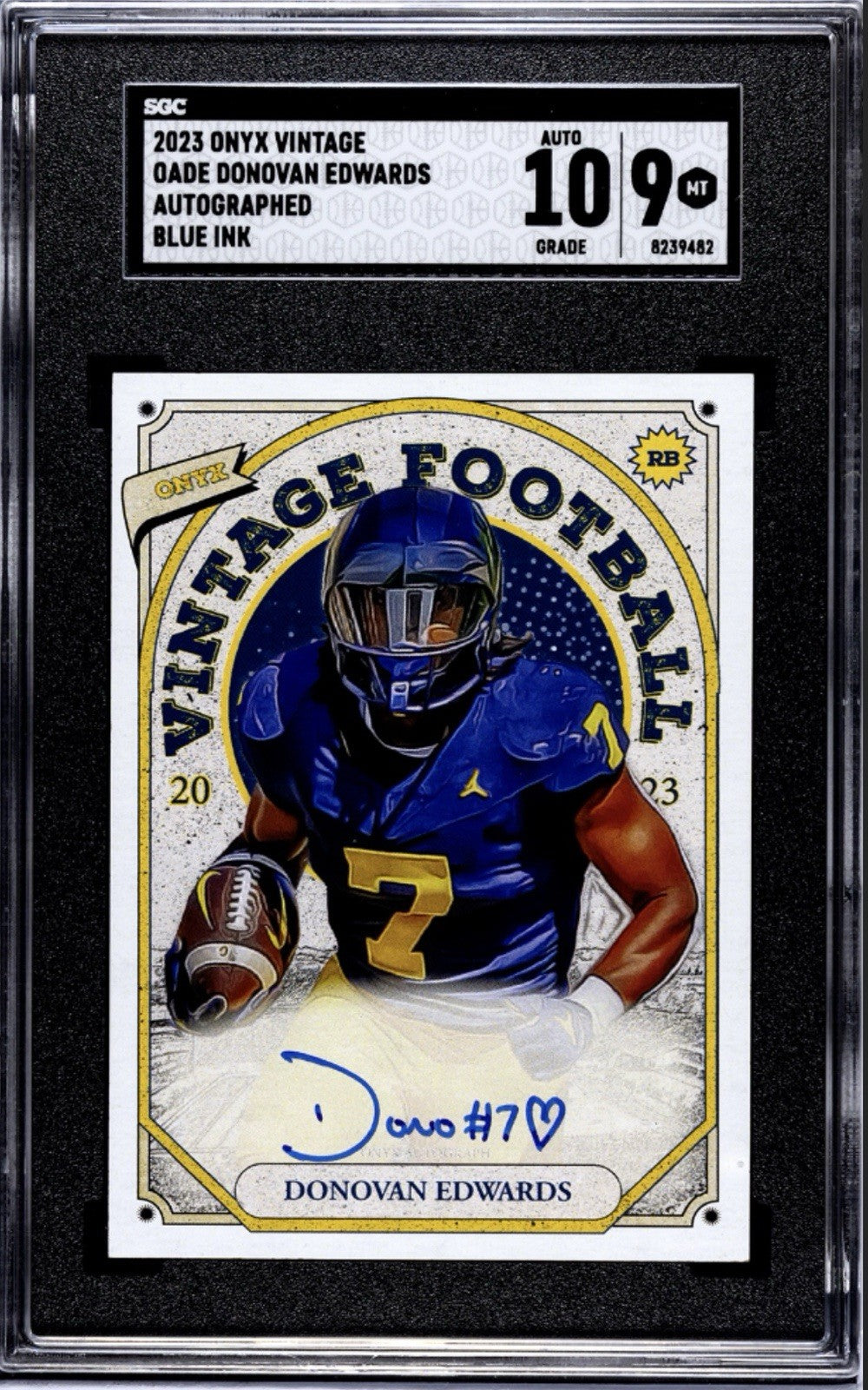 Donovan Edwards 2023 ONYX Vintage ON CARD AUTO BLUE INK Michigan/NFL Draft SGC 9