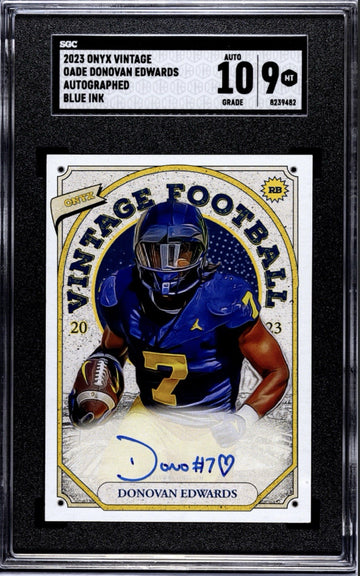 Donovan Edwards 2023 ONYX Vintage ON CARD AUTO BLUE INK Michigan/NFL Draft SGC 9
