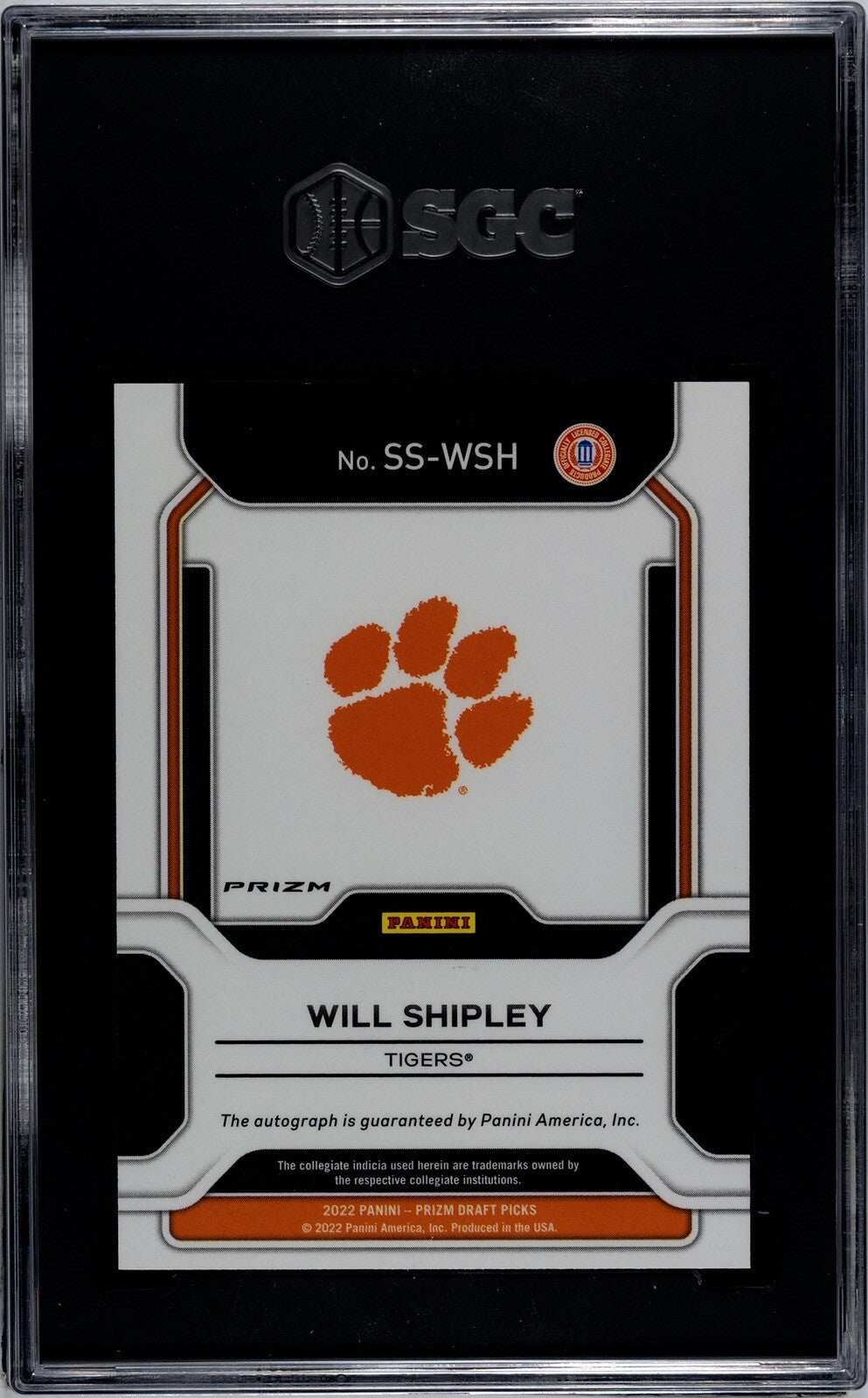 2022 Panini Prizm Draft Will Shipley RC Auto SS-WSH Tigers Gold Ice SGC 9.5 NCAA trading card with autograph and red cracked ice parallel
