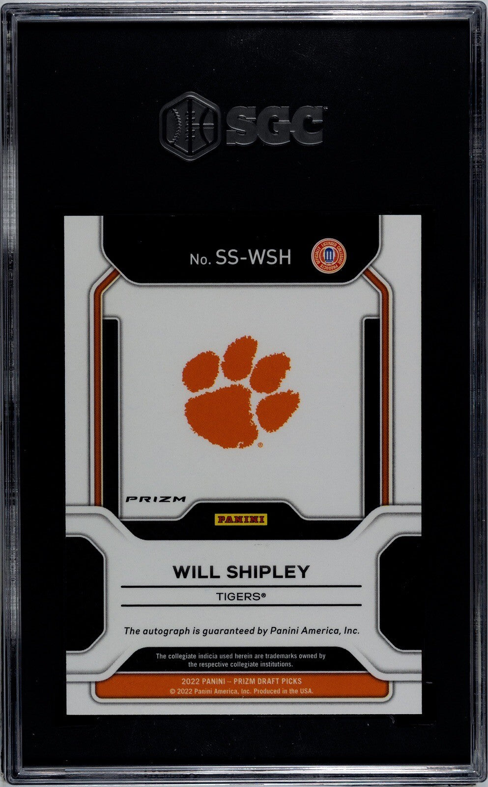2022 Panini Prizm Draft Will Shipley RC Auto SS-WSH Tigers Gold Ice SGC 9.5 NCAA