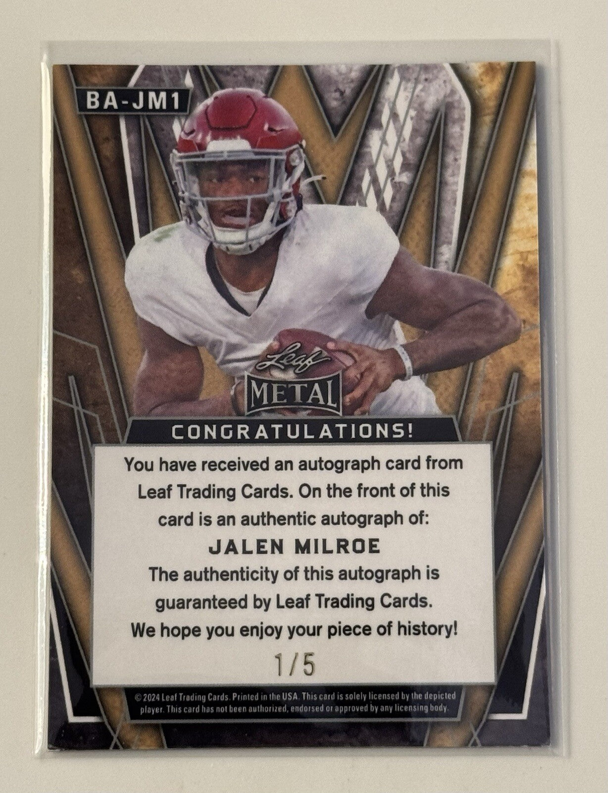 1/5 Jalen Milroe RC Auto 2024 Leaf Metal Football Red Wave Alabama - Card BA-JM1