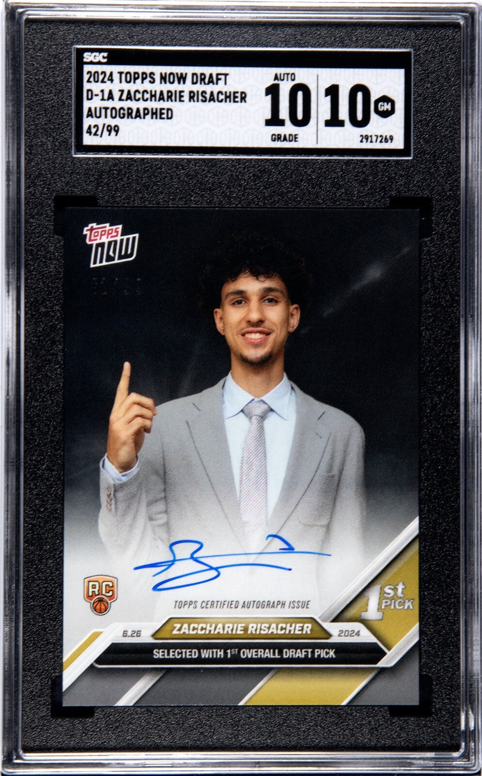 42/99 Zaccharie Risacher RC 2024 Topps Now NBA Draft Night D-1A NBA Hawks SGC 10