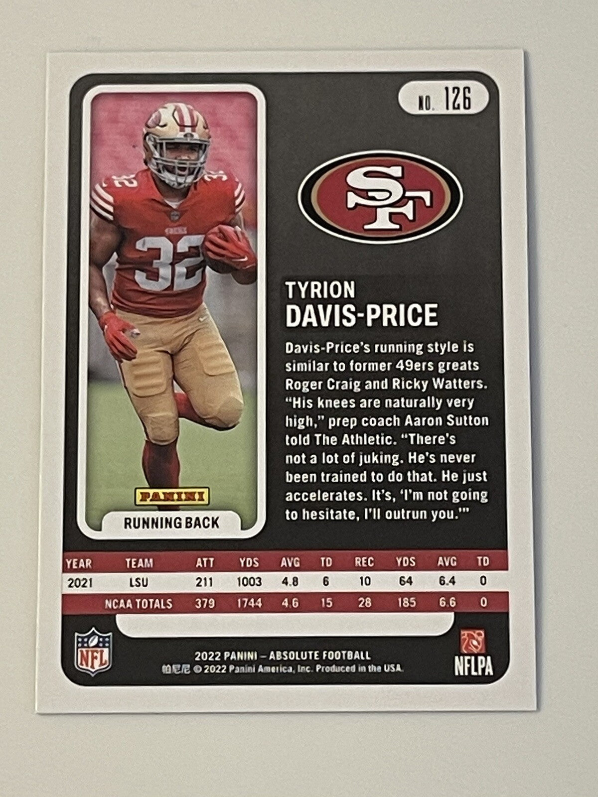 Tyrion Davis-Price - 2022 Panini Absolute #126 RC - NFL San Francisco 49ers Card